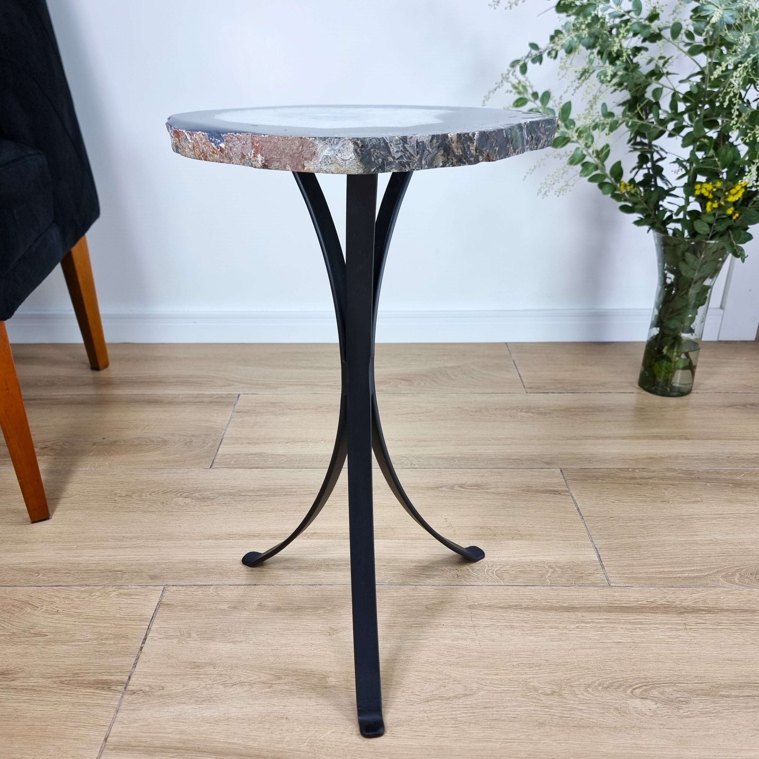 Natural Brazilian Agate Side Table on a black metal base 23 inches high, total weight 14 pounds