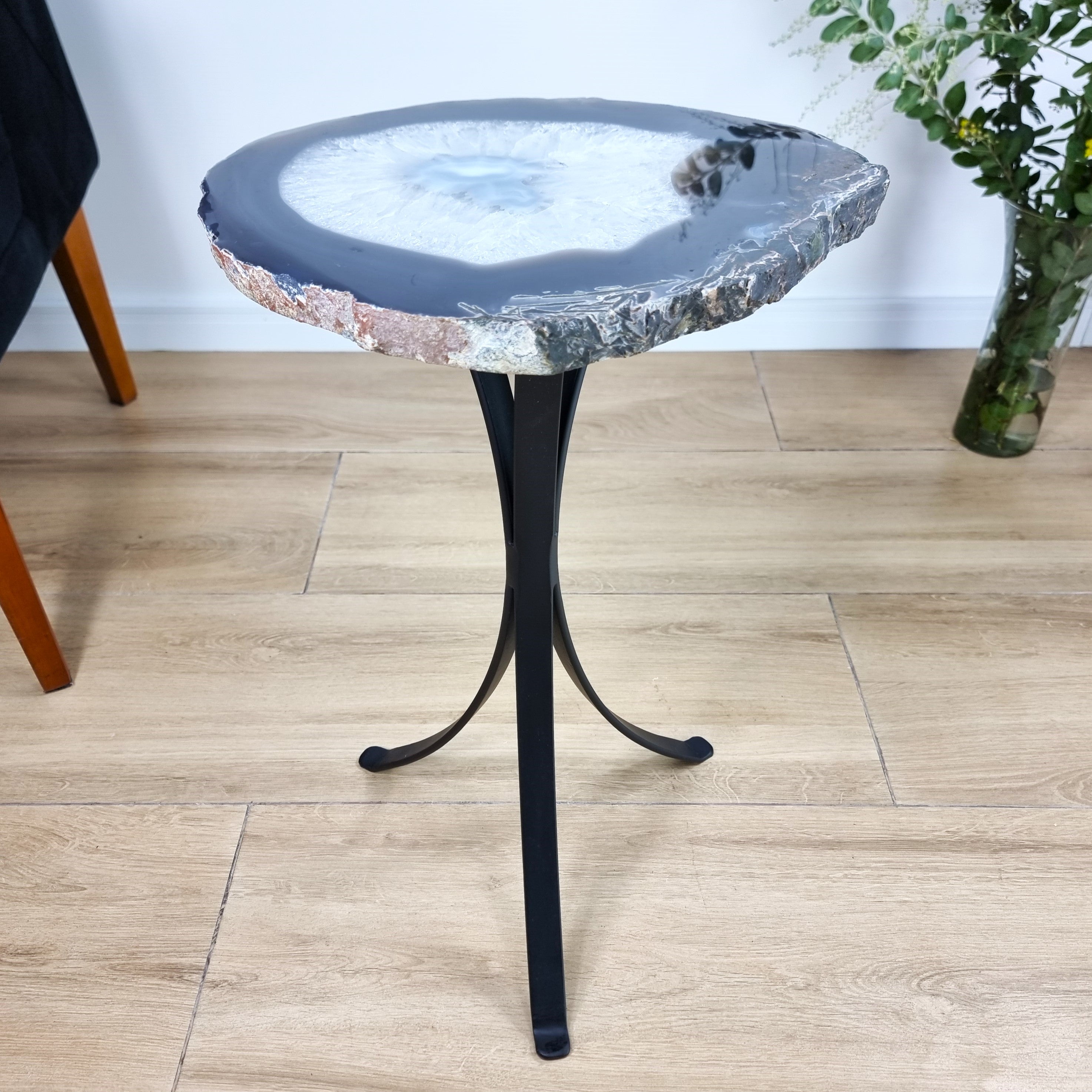 Natural Brazilian Agate Side Table on a black metal base 23 inches high, total weight 14 pounds