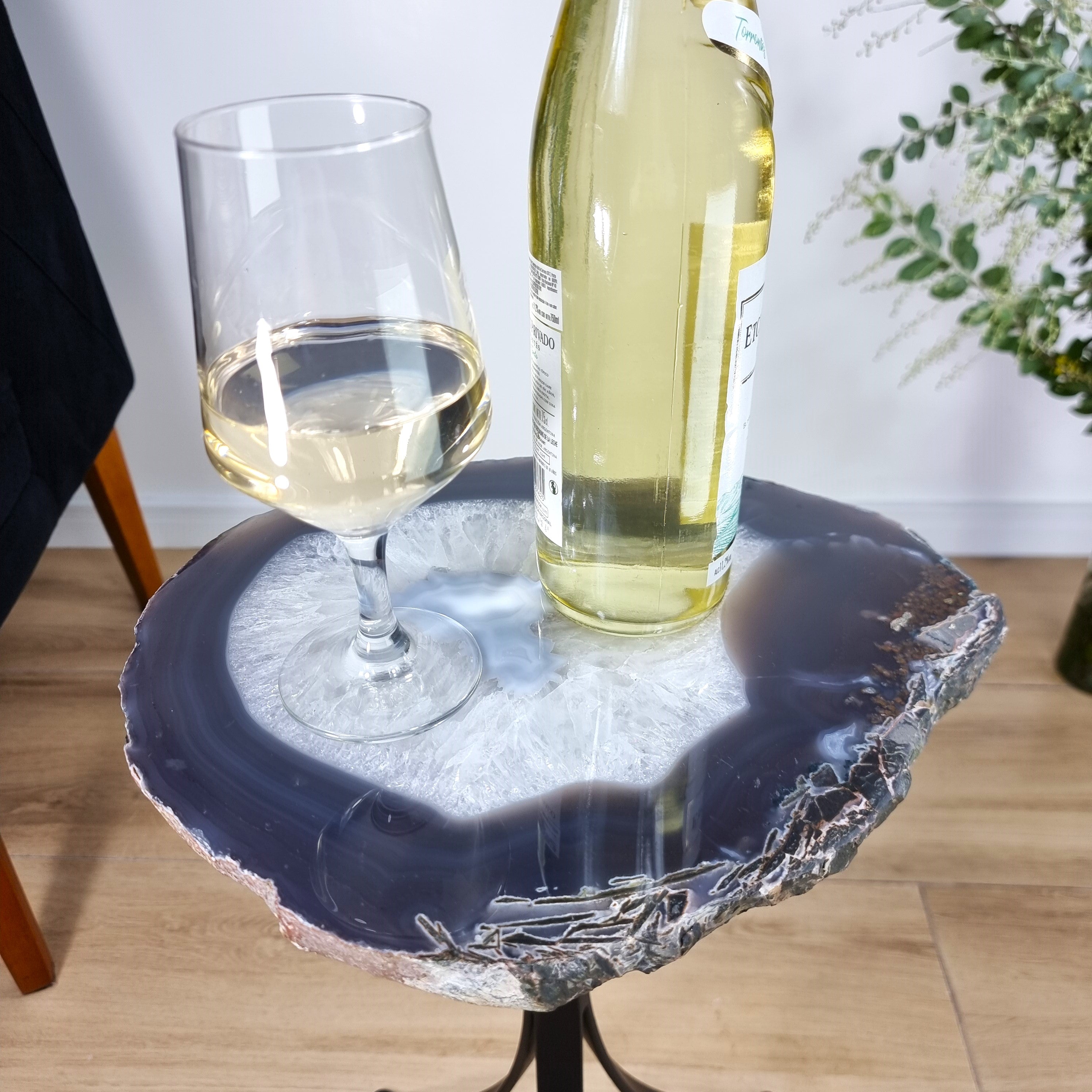 Natural Brazilian Agate Side Table on a black metal base 23 inches high, total weight 14 pounds