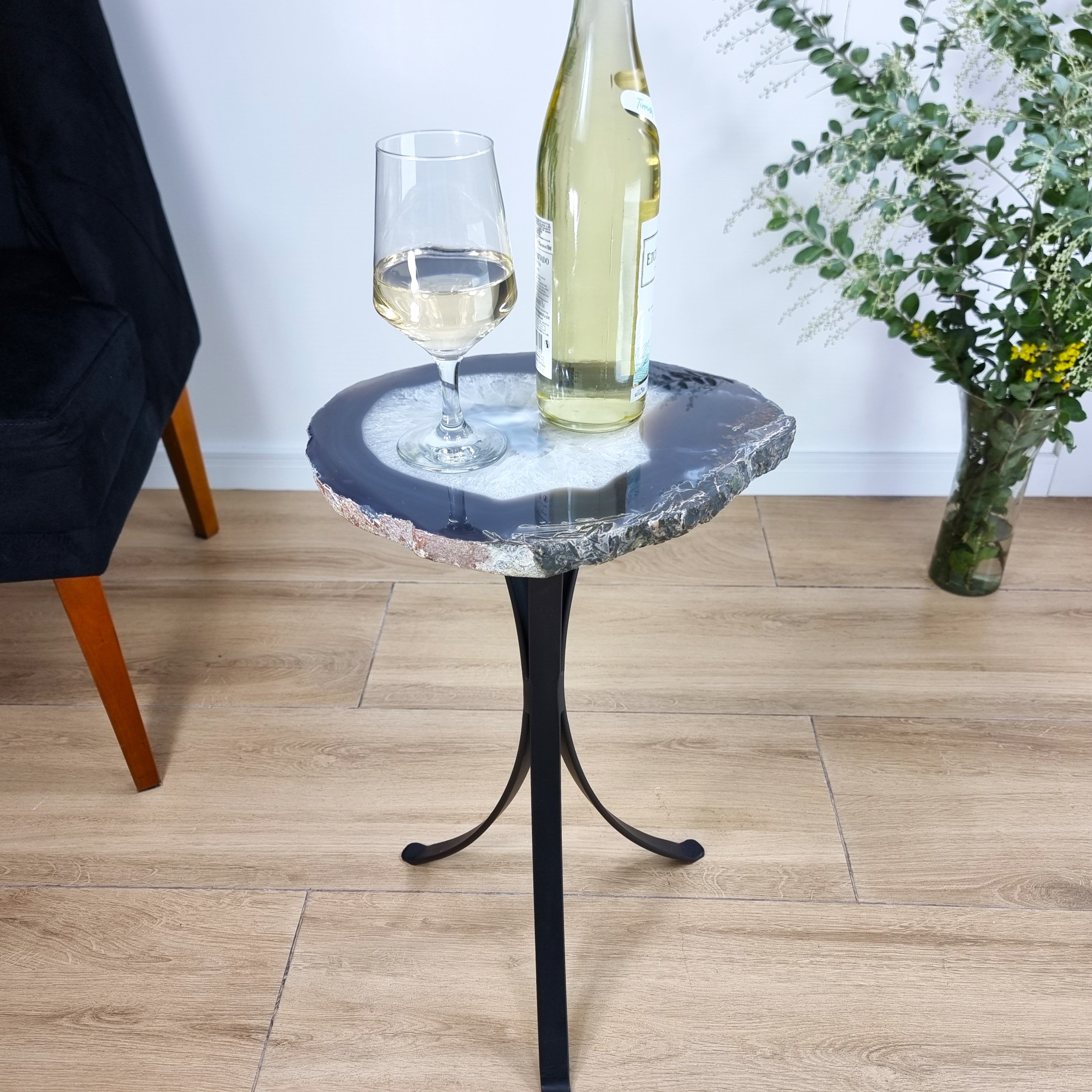 Natural Brazilian Agate Side Table on a black metal base 23 inches high, total weight 14 pounds