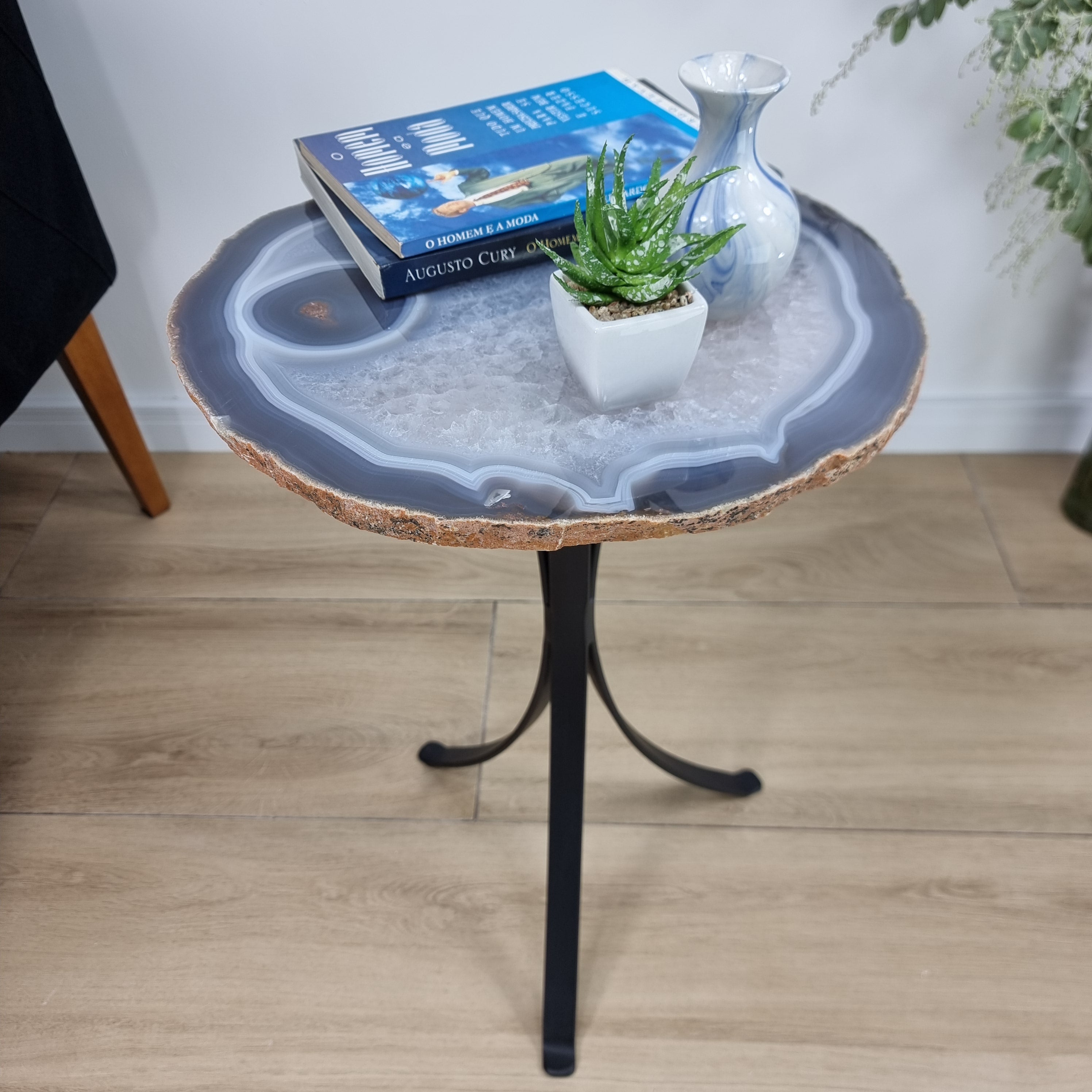 Side Table Natural Agates Thin Plates golden base 60 cm high, total weight 5 kg