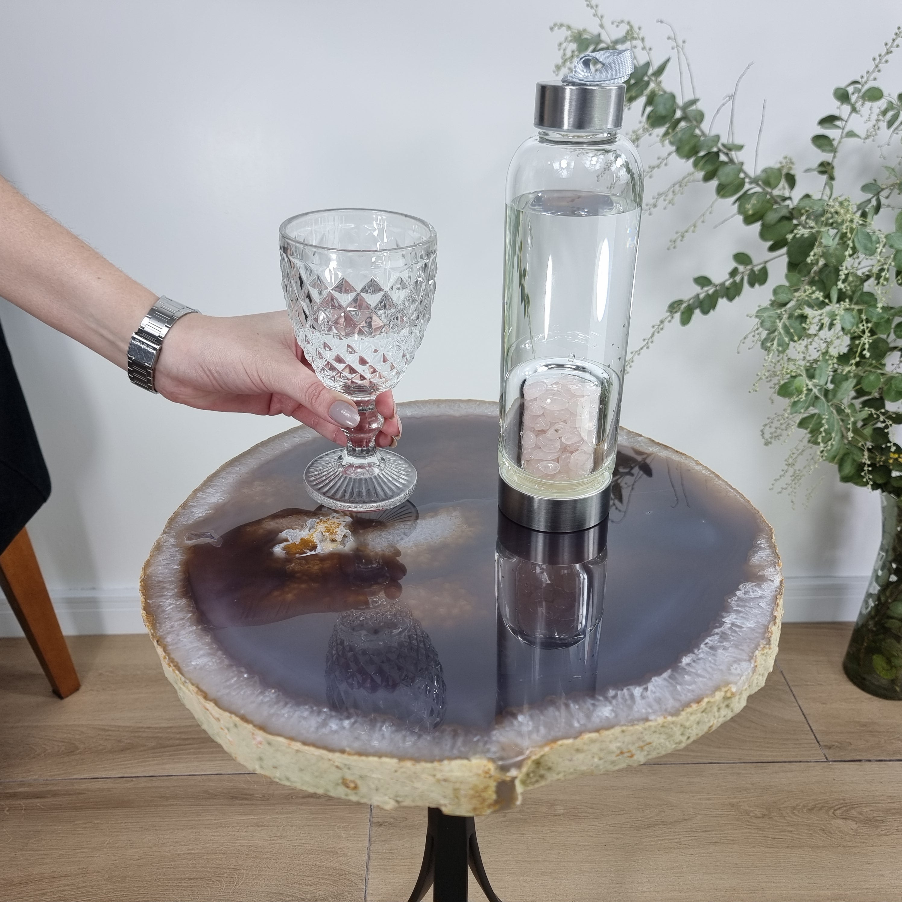 Side Table Natural Agates Thin Plates golden base 60 cm high, total weight 5 kg