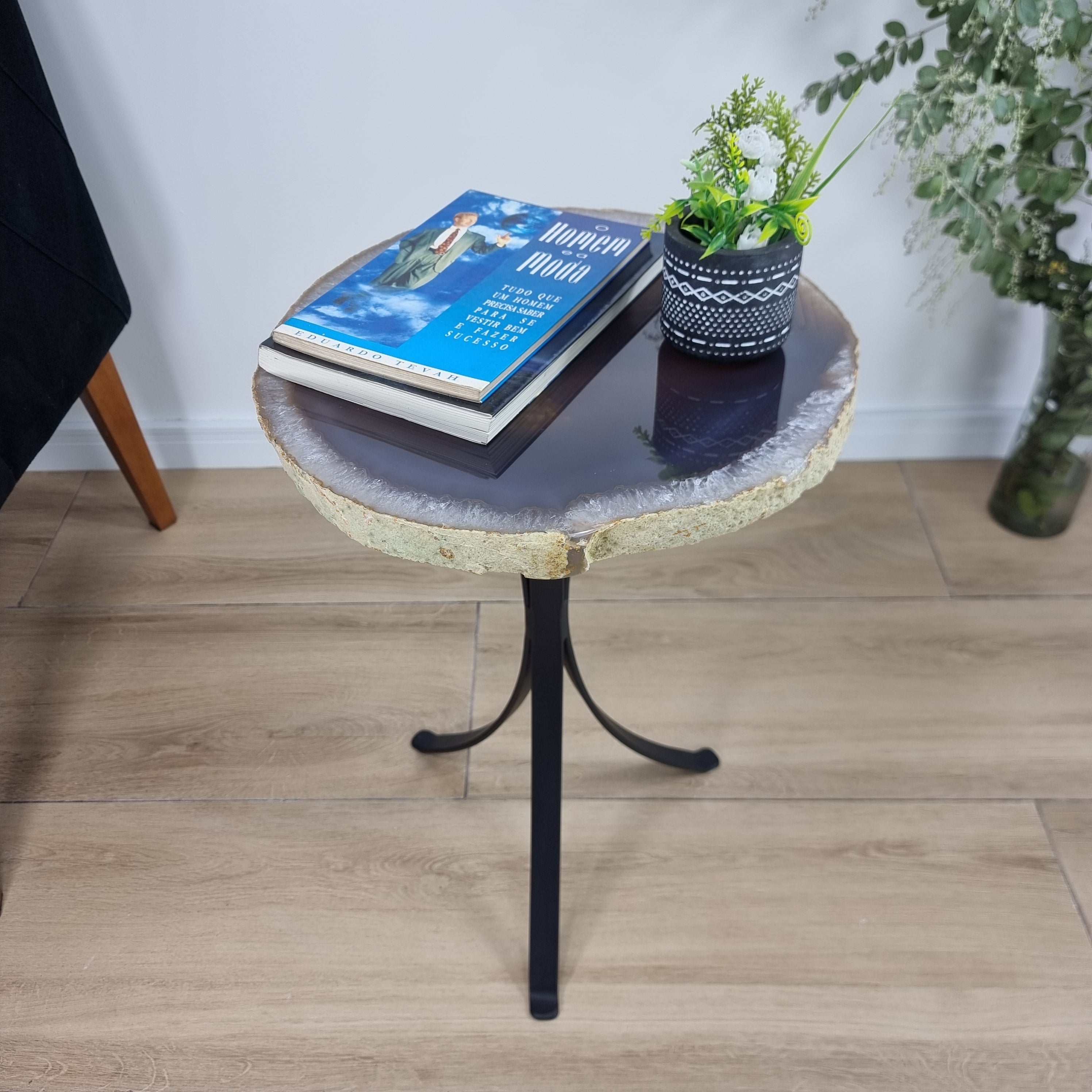 Side Table Natural Agates Thin Plates golden base 60 cm high, total weight 5 kg