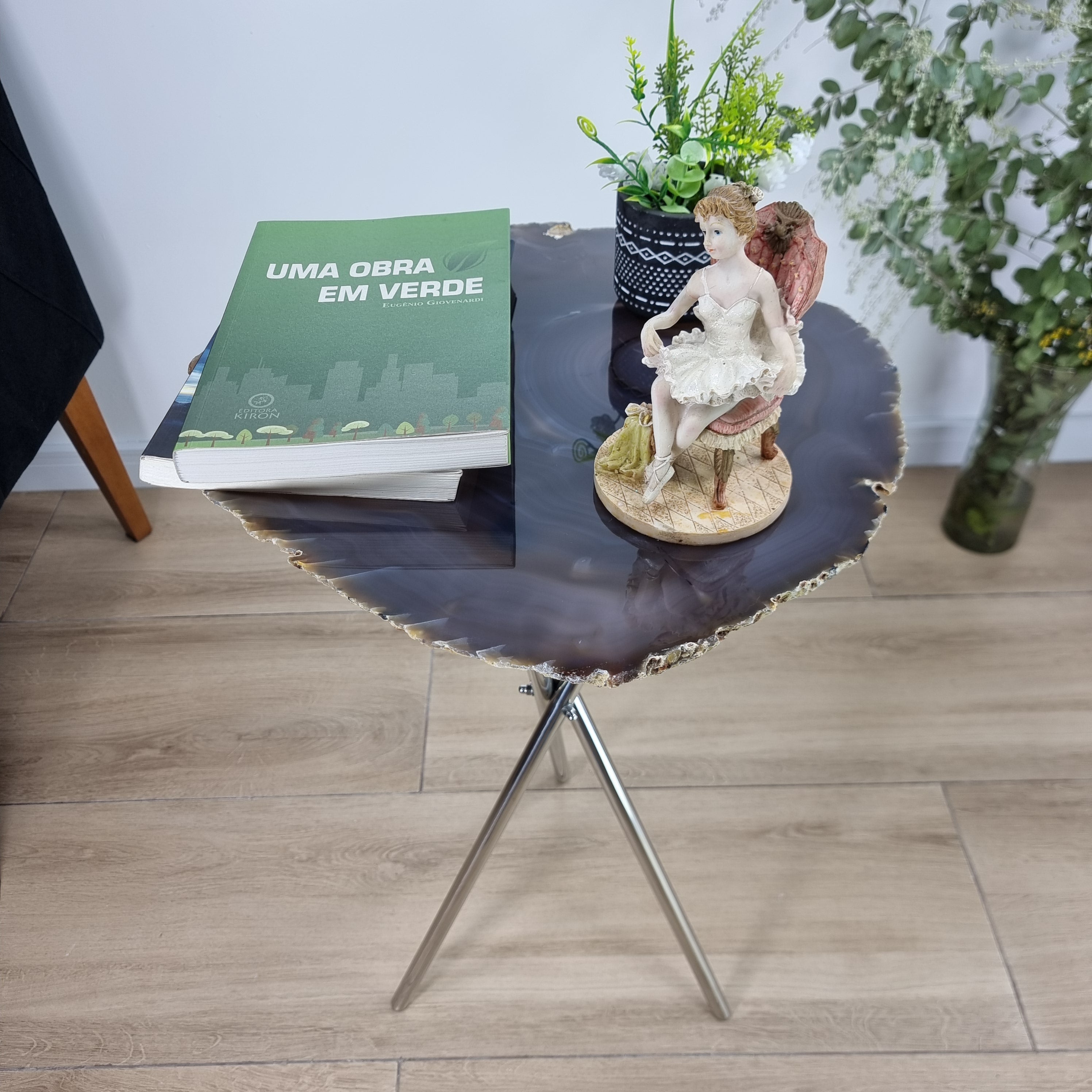 Black Agate Special Side Table | Silver Tripod Base | Height 60 cm - BR Crystals Handmade Piece