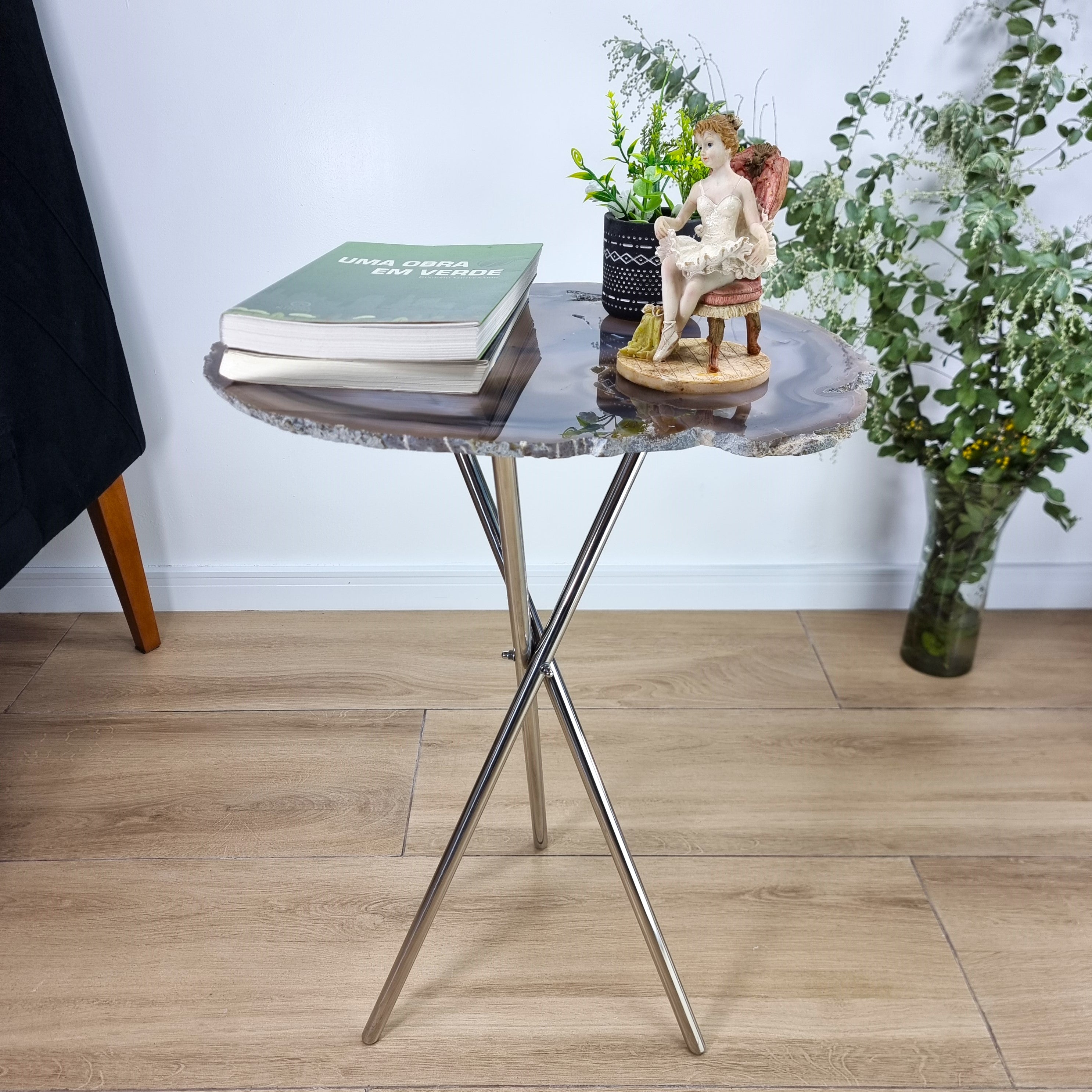 Natural Agate Side Table - Crystal End Table Silver legs 23 inches high, total weight 9.26 pounds