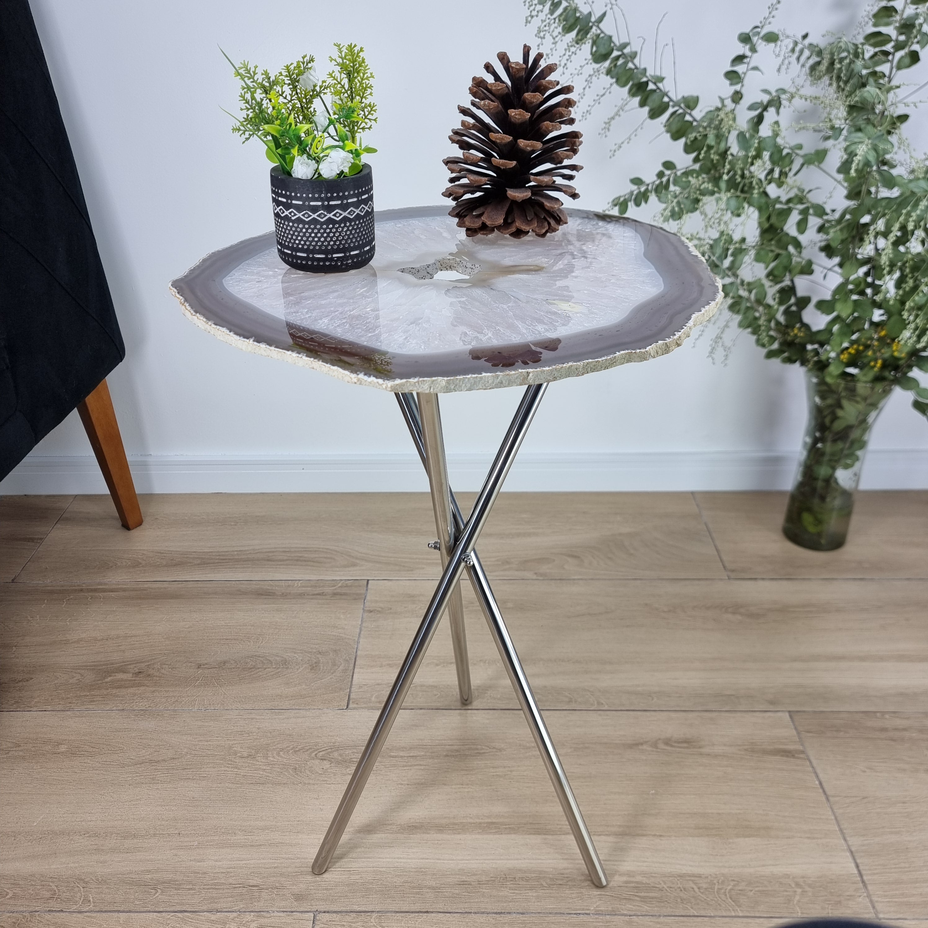 Natural Agate Side Table - Crystal End Table Silver legs 23 inches high, total weight 9.4 pounds