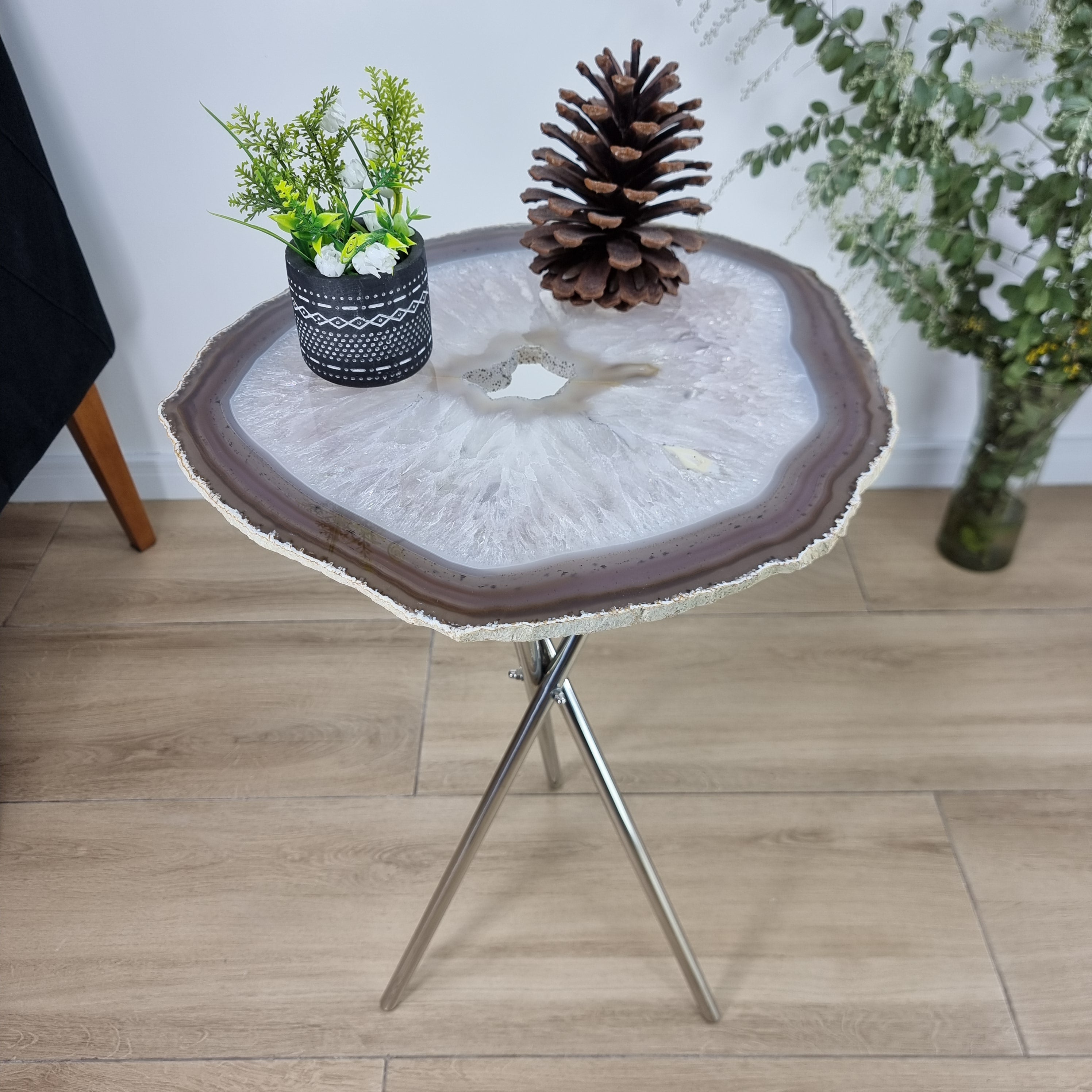 Natural Agate Side Table - Crystal End Table Silver legs 23 inches high, total weight 9.4 pounds