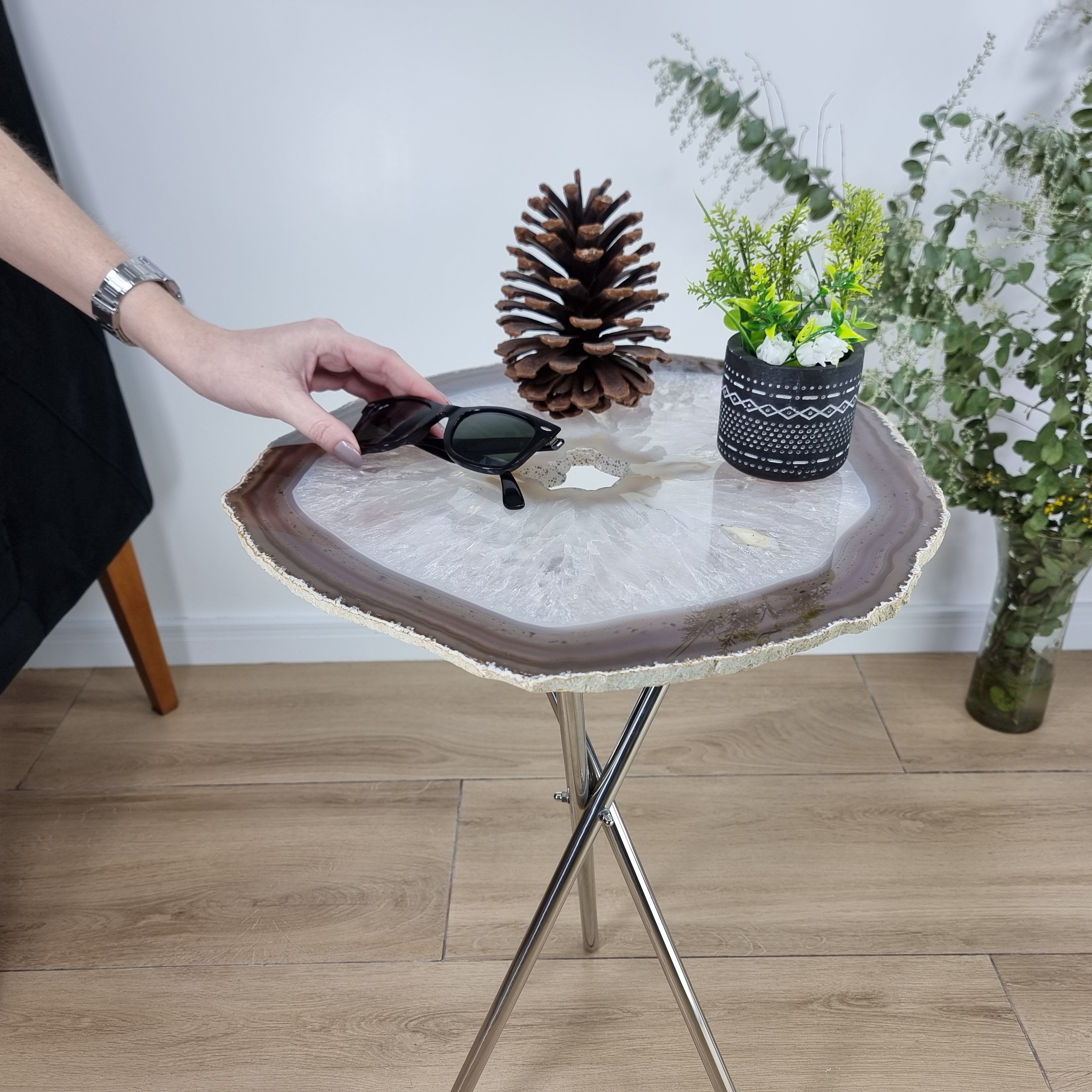 Natural Agate Side Table - Crystal End Table Silver legs 23 inches high, total weight 9.4 pounds
