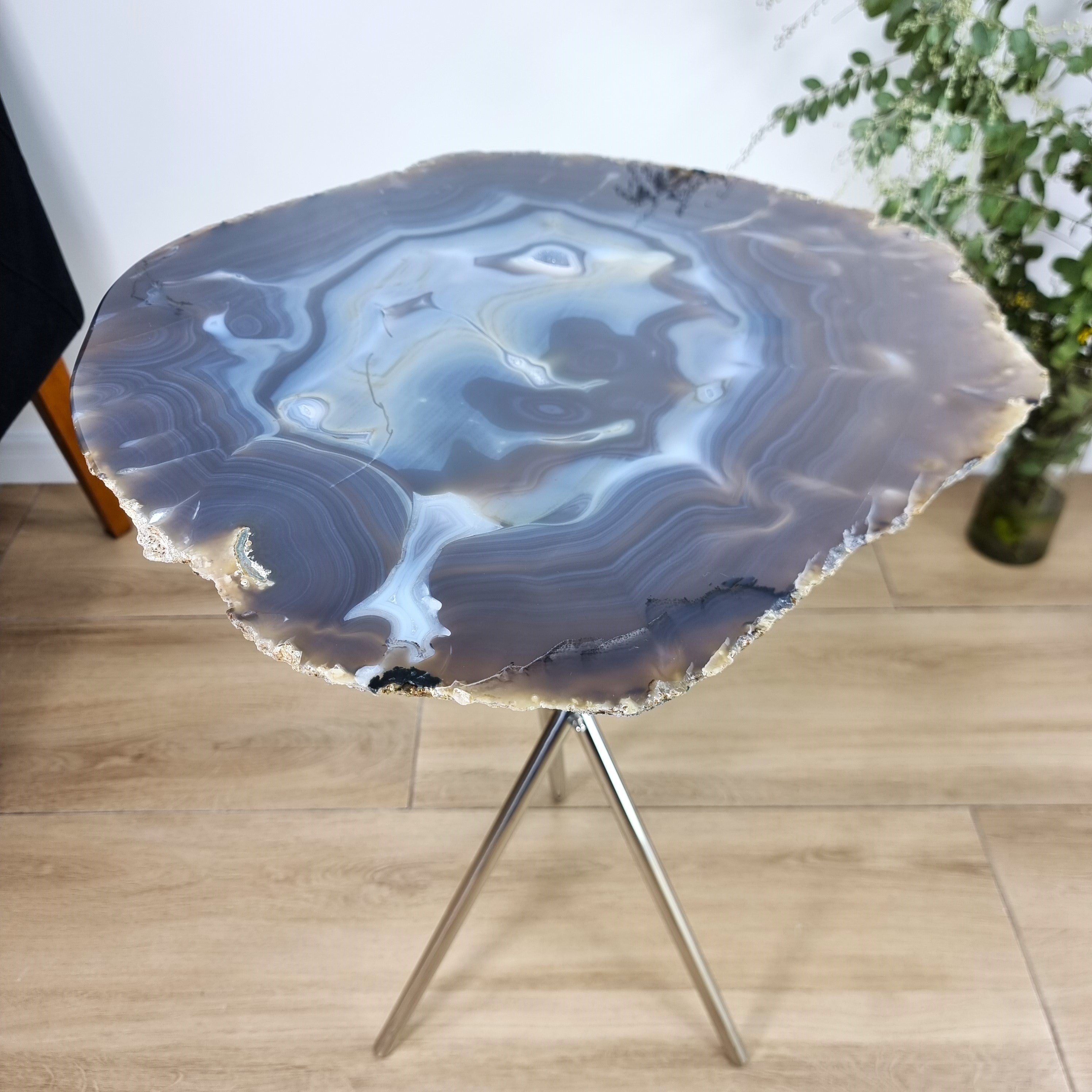 Natural Agate Side Table - Crystal End Table Silver legs 23 inches high, total weight 11 pounds
