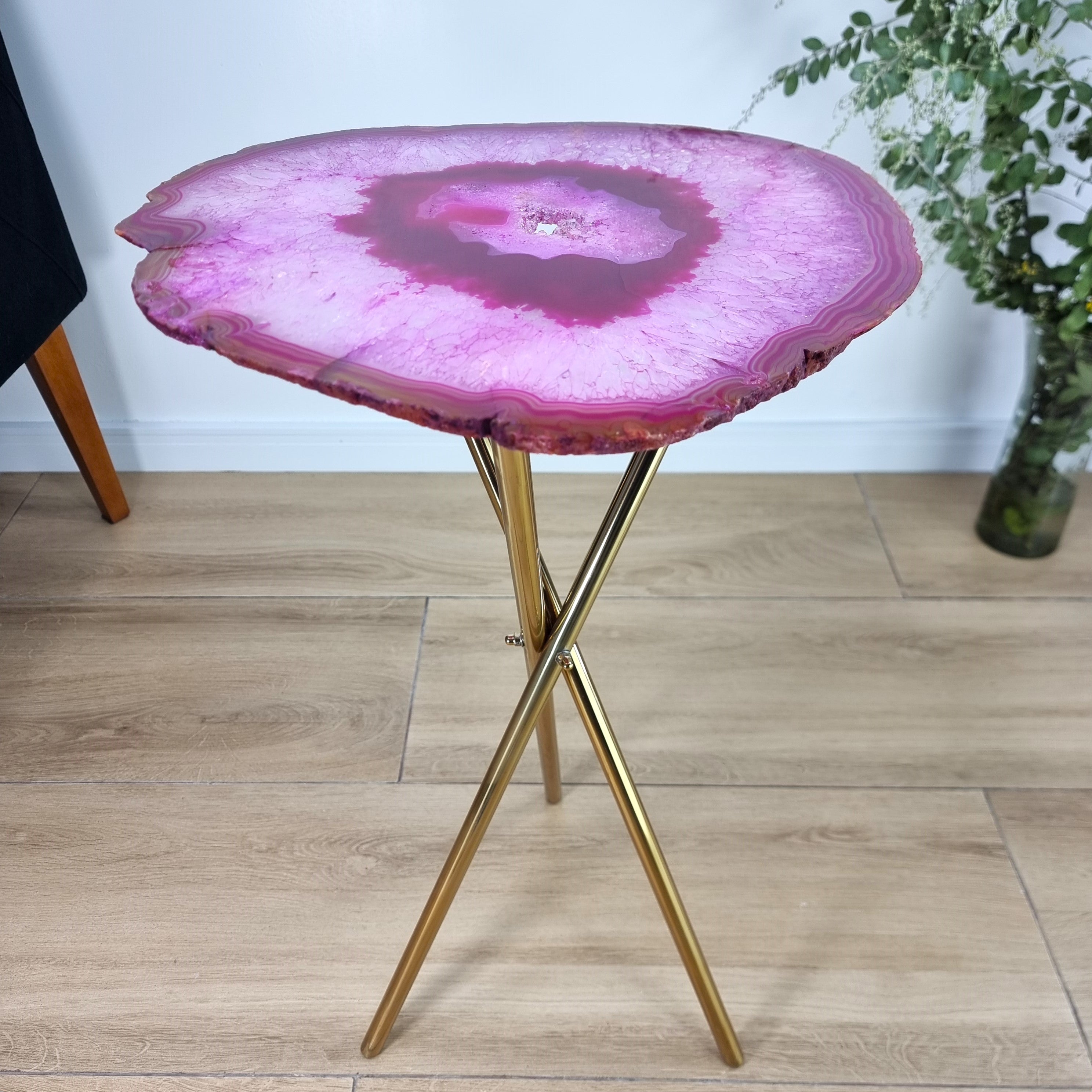 Pink Agate Side Table - Pink Crystal End Table golden legs 23 inches high, total weight 11 pounds