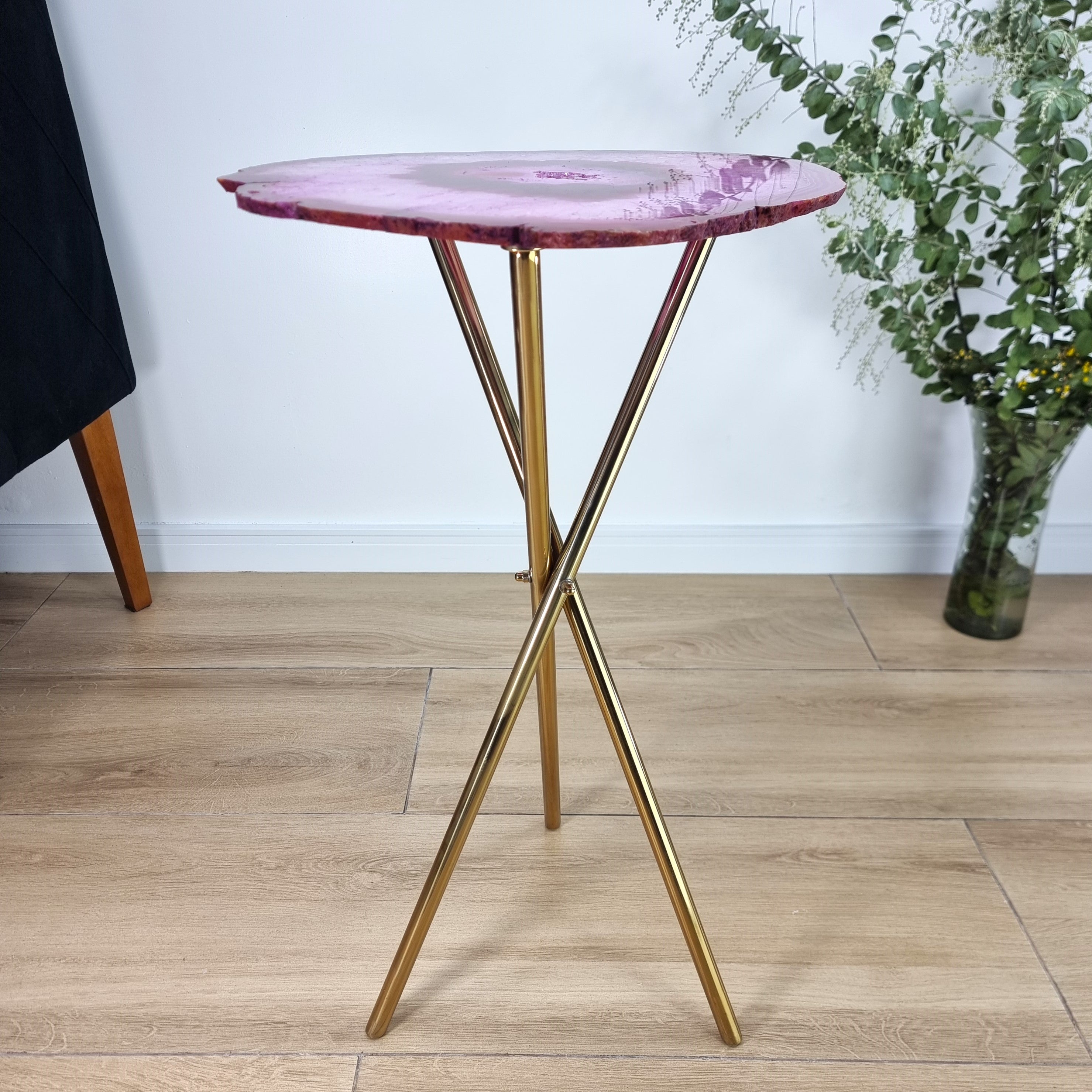 Pink Agate Side Table - Pink Crystal End Table golden legs 23 inches high, total weight 11 pounds