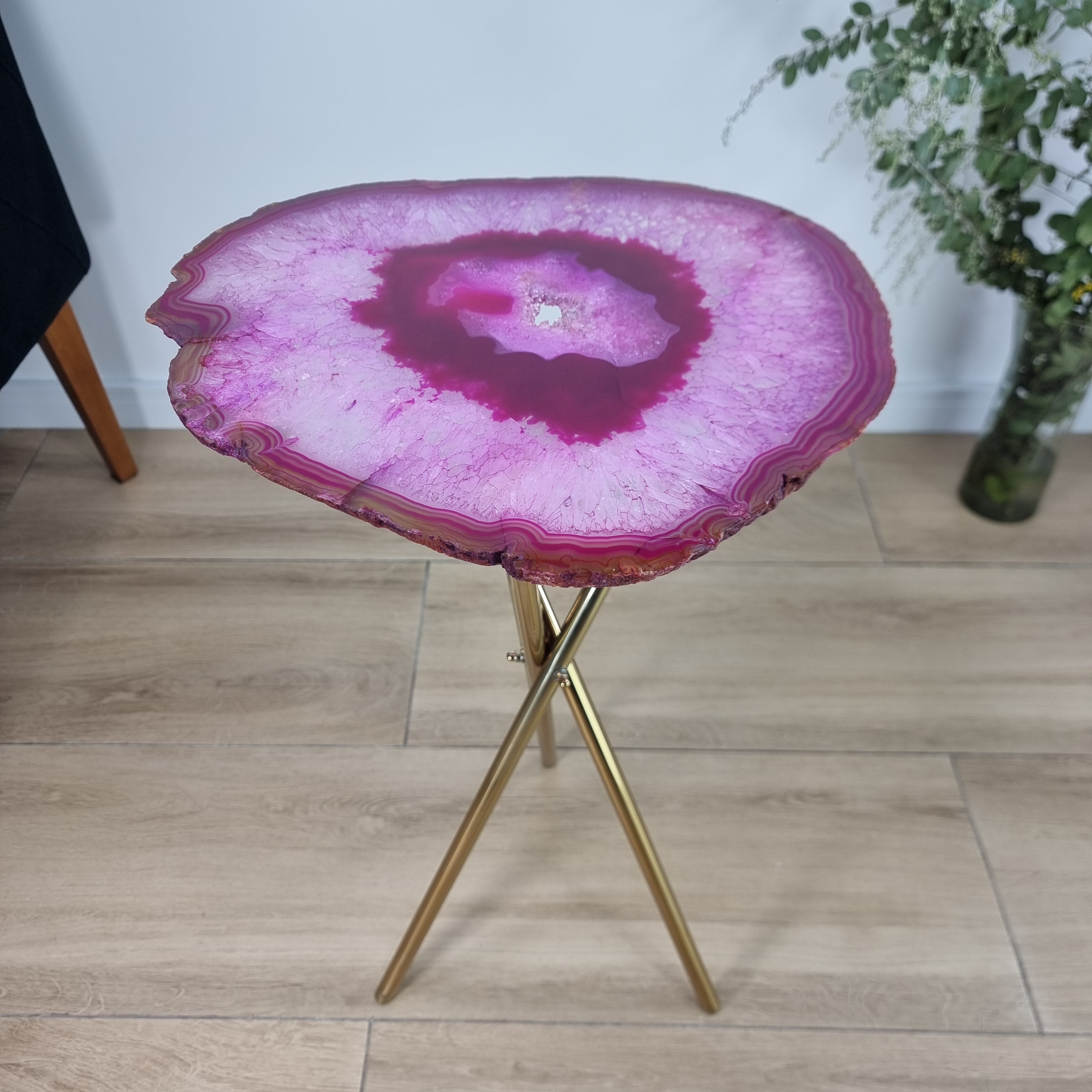 Natural Agate Side Table | Gold Brass Tripod Base | 60 cm Height - BR Crystals Handmade Piece