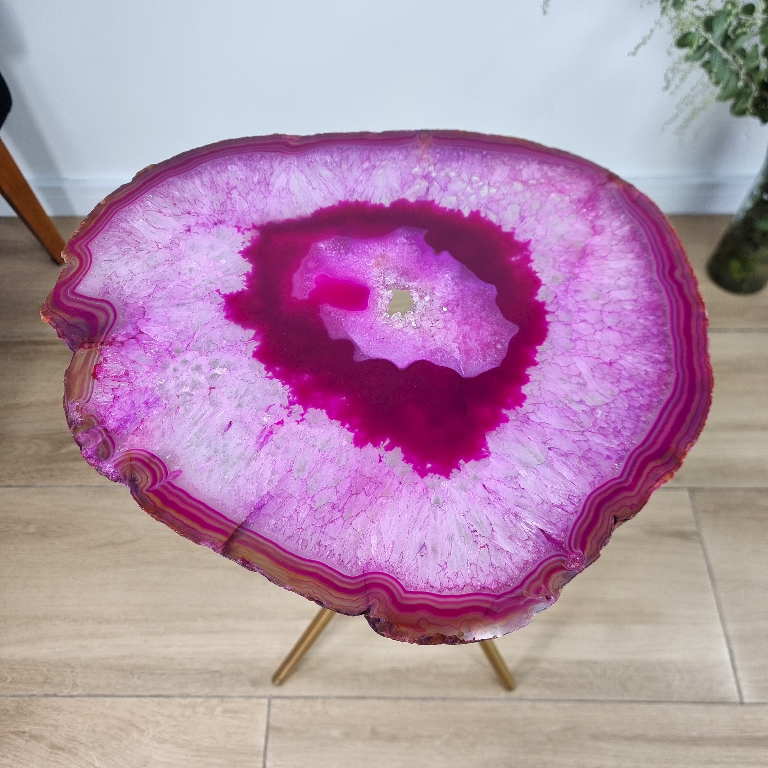 Pink Agate Side Table - Pink Crystal End Table golden legs 23 inches high, total weight 11 pounds