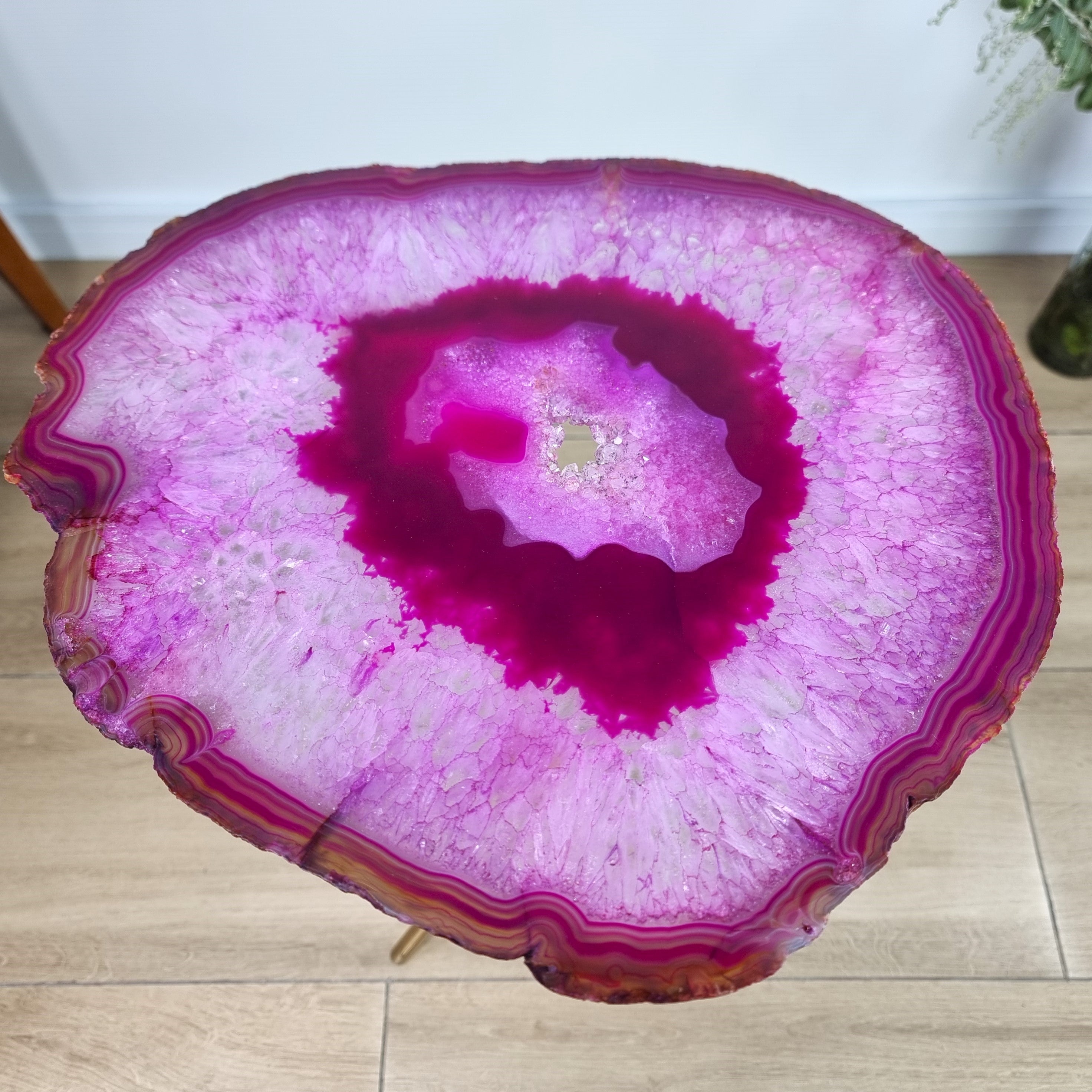 Pink Agate Side Table - Pink Crystal End Table golden legs 23 inches high, total weight 11 pounds