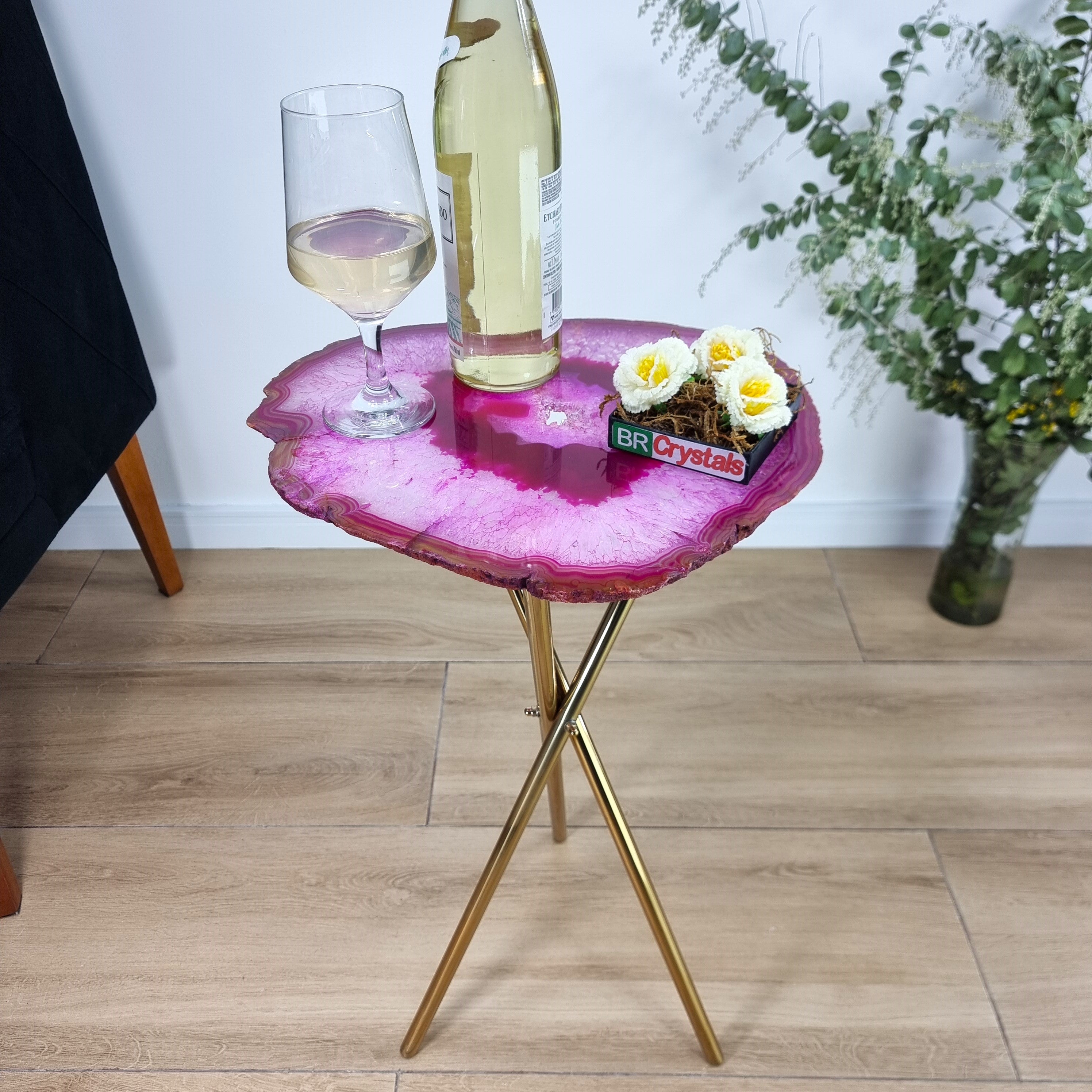 Pink Agate Side Table - Pink Crystal End Table golden legs 23 inches high, total weight 11 pounds