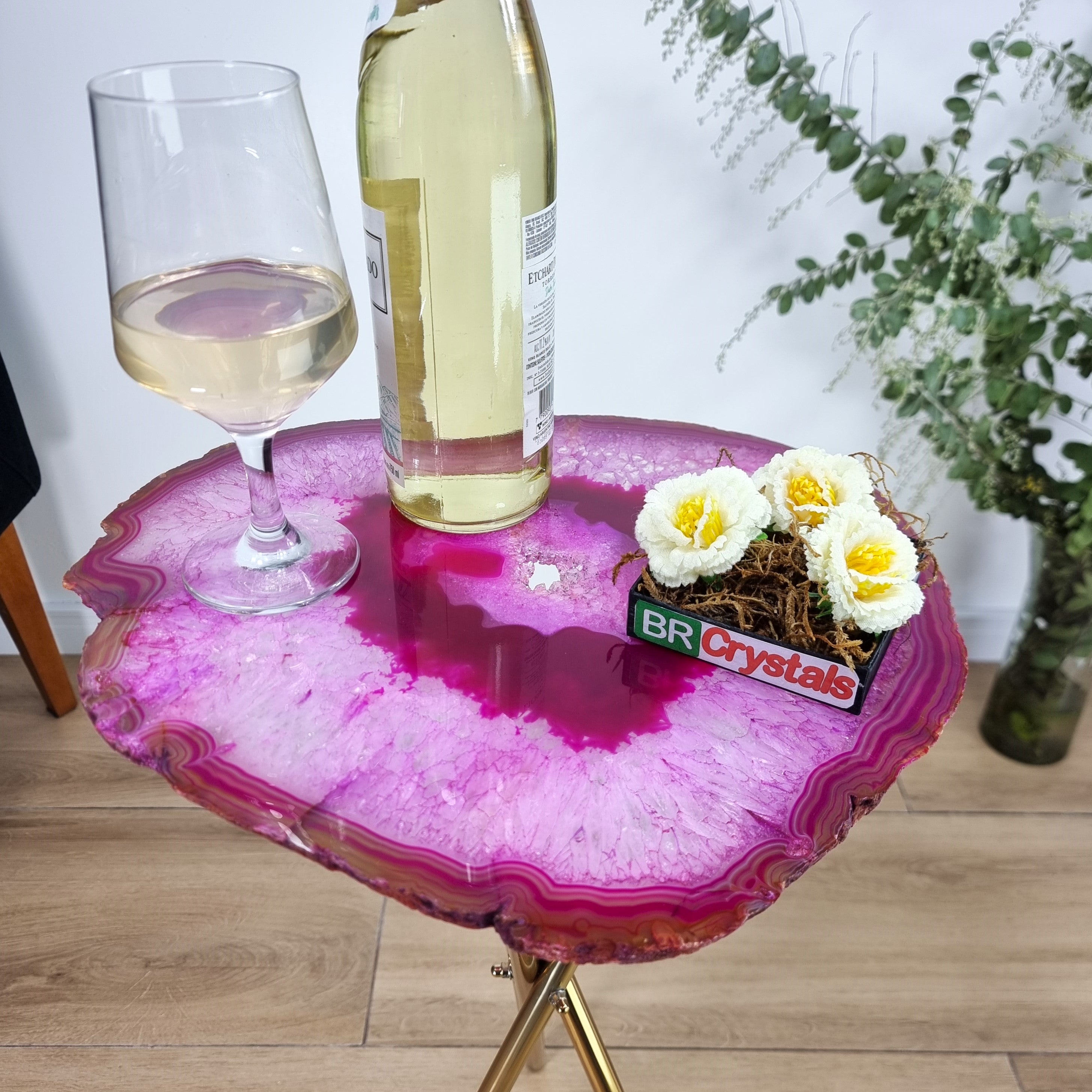 Pink Agate Side Table - Pink Crystal End Table golden legs 23 inches high, total weight 11 pounds
