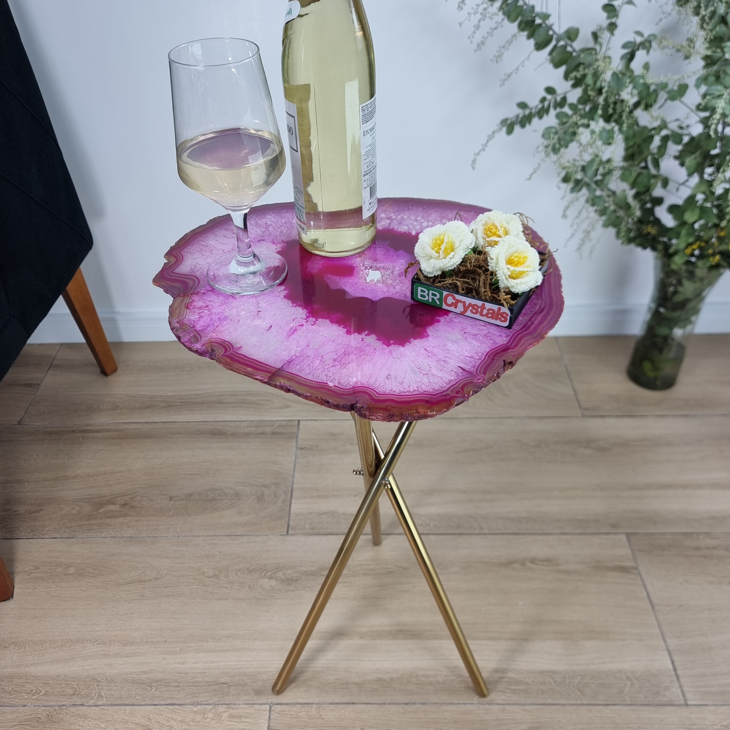 Natural Agate Side Table | Gold Brass Tripod Base | 60 cm Height - BR Crystals Handmade Piece