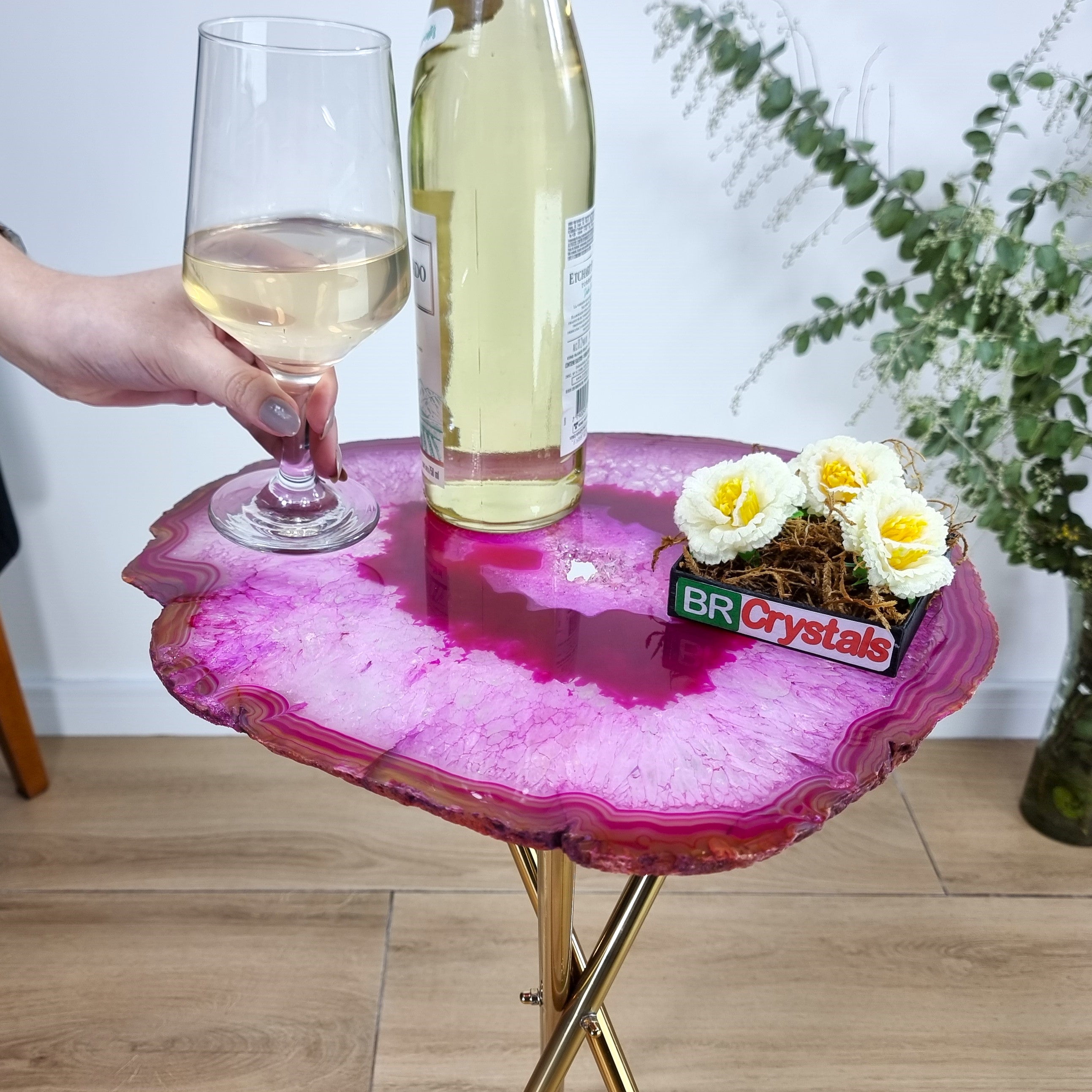 Pink Agate Side Table - Pink Crystal End Table golden legs 23 inches high, total weight 11 pounds