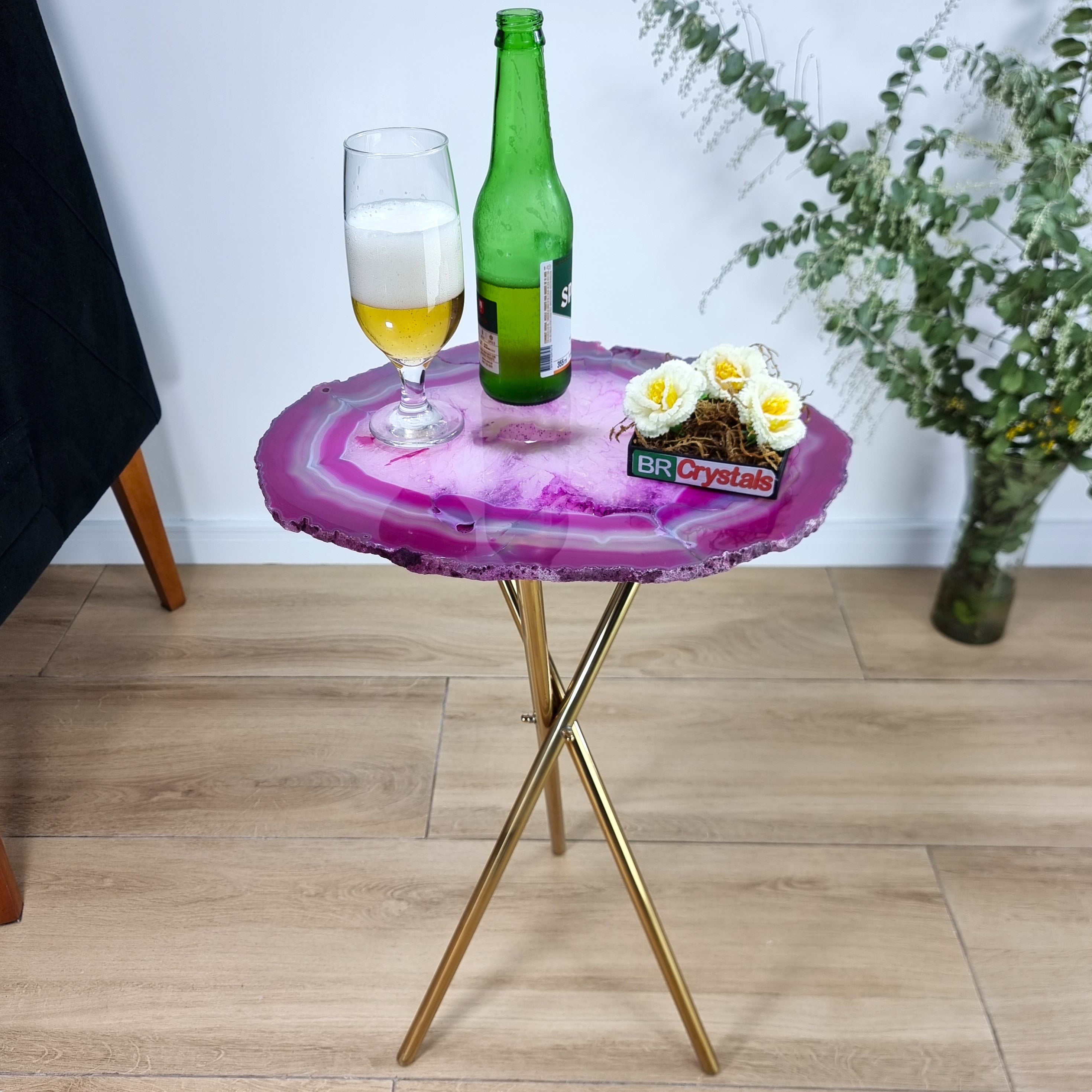 Pink Agate Side Table - Pink Crystal End Table golden legs 23 inches high, total weight 11 pounds (Copy)