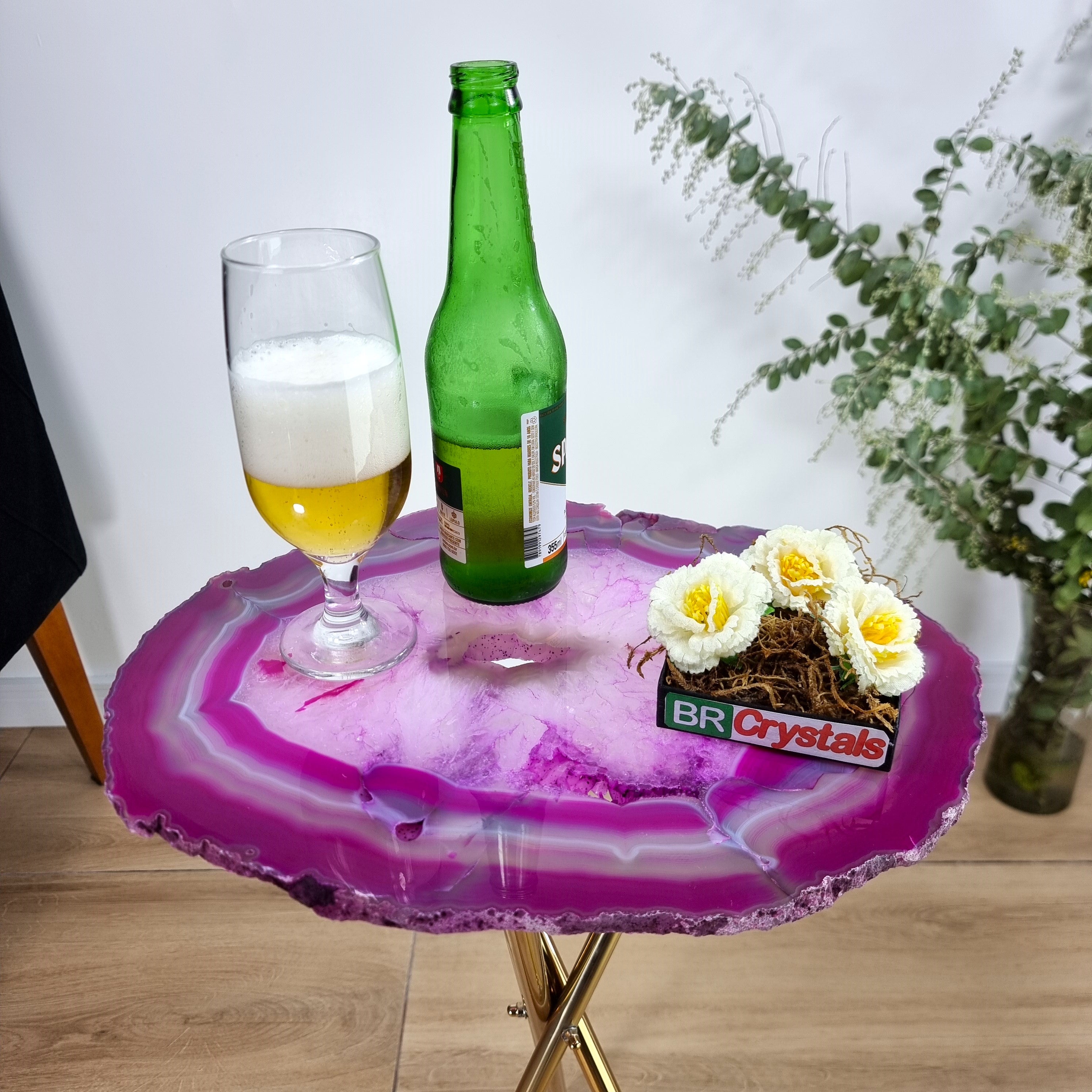 Pink Agate Side Table - Pink Crystal End Table golden legs 23 inches high, total weight 11 pounds (Copy)