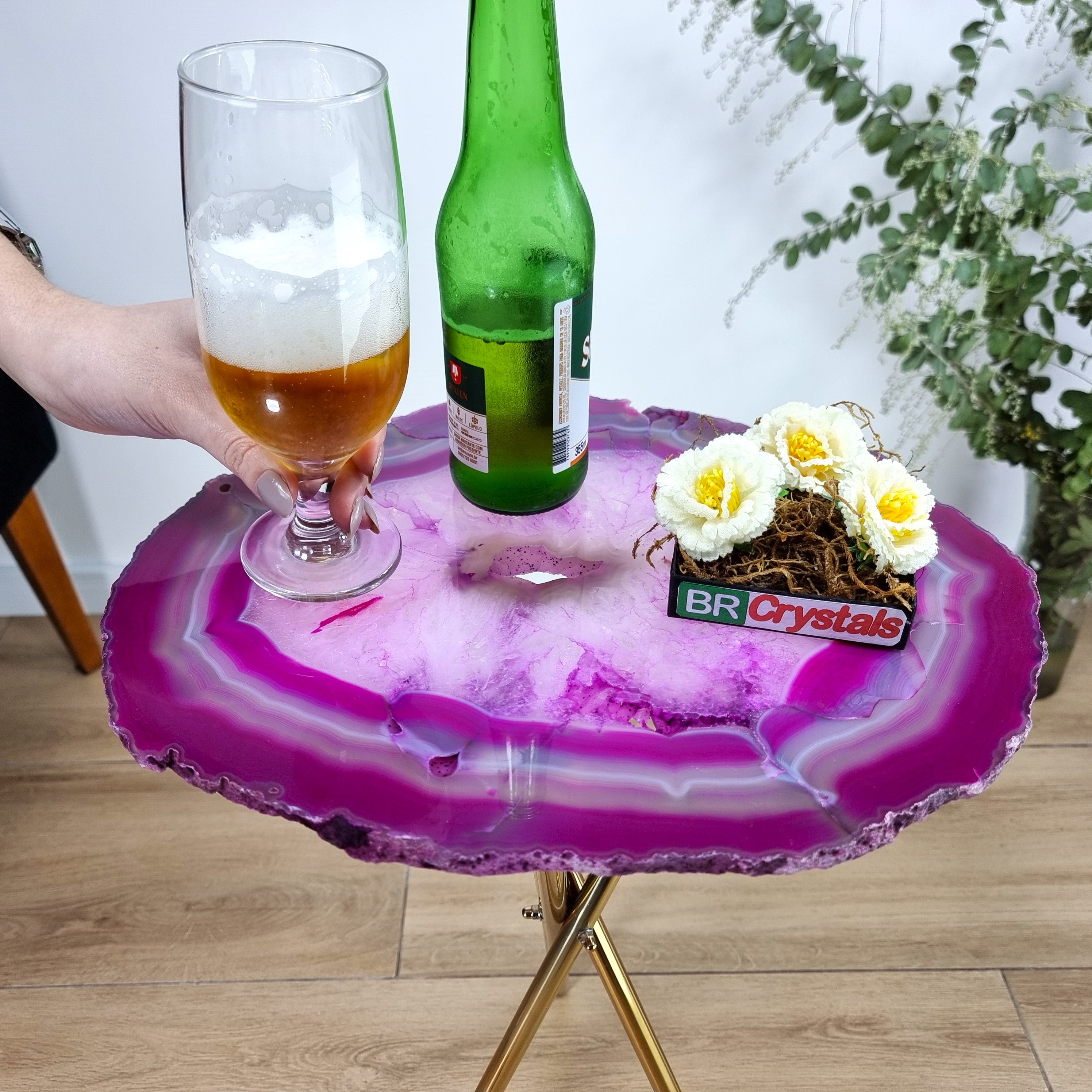 Pink Agate Side Table - Pink Crystal End Table golden legs 23 inches high, total weight 11 pounds (Copy)