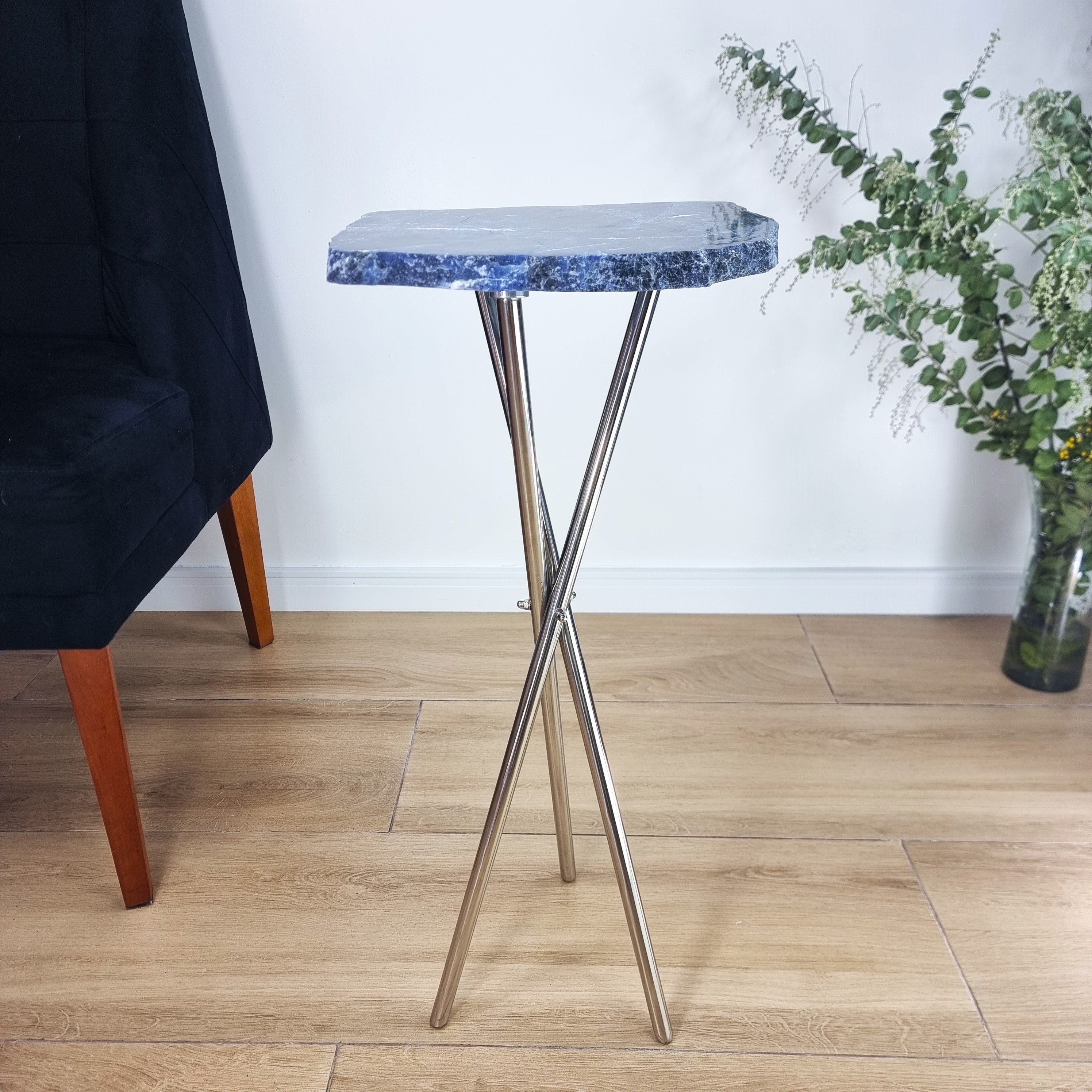 Sodalite Side Table With Silver legs 23 inches high, total weight 8.4 pounds