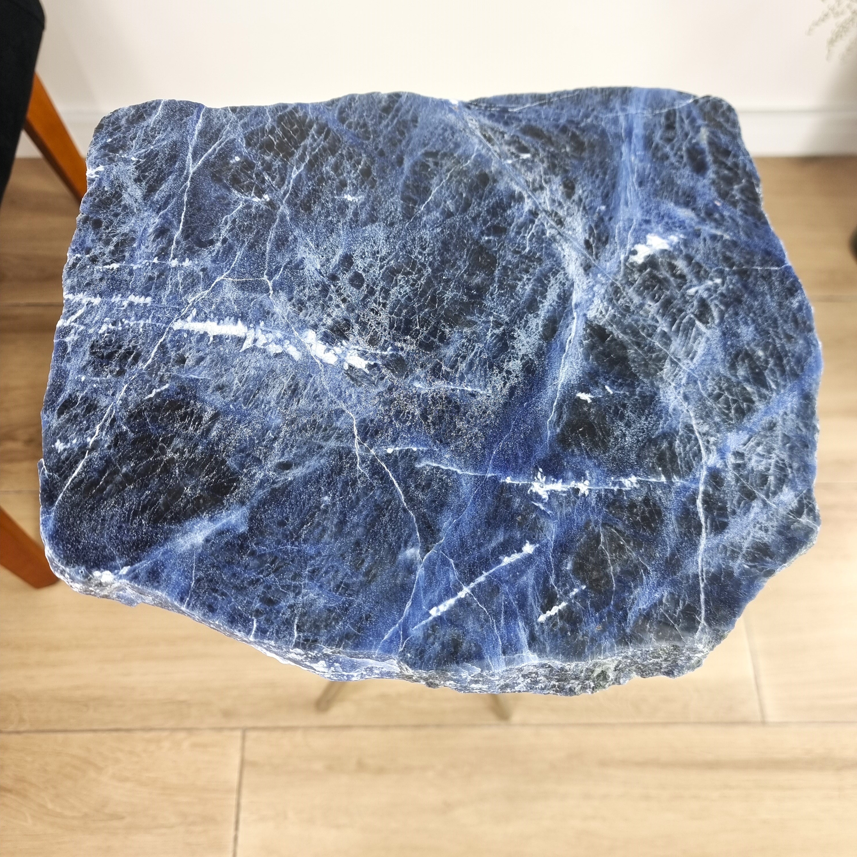 Sodalite Side Table With Silver legs 23 inches high, total weight 8.4 pounds