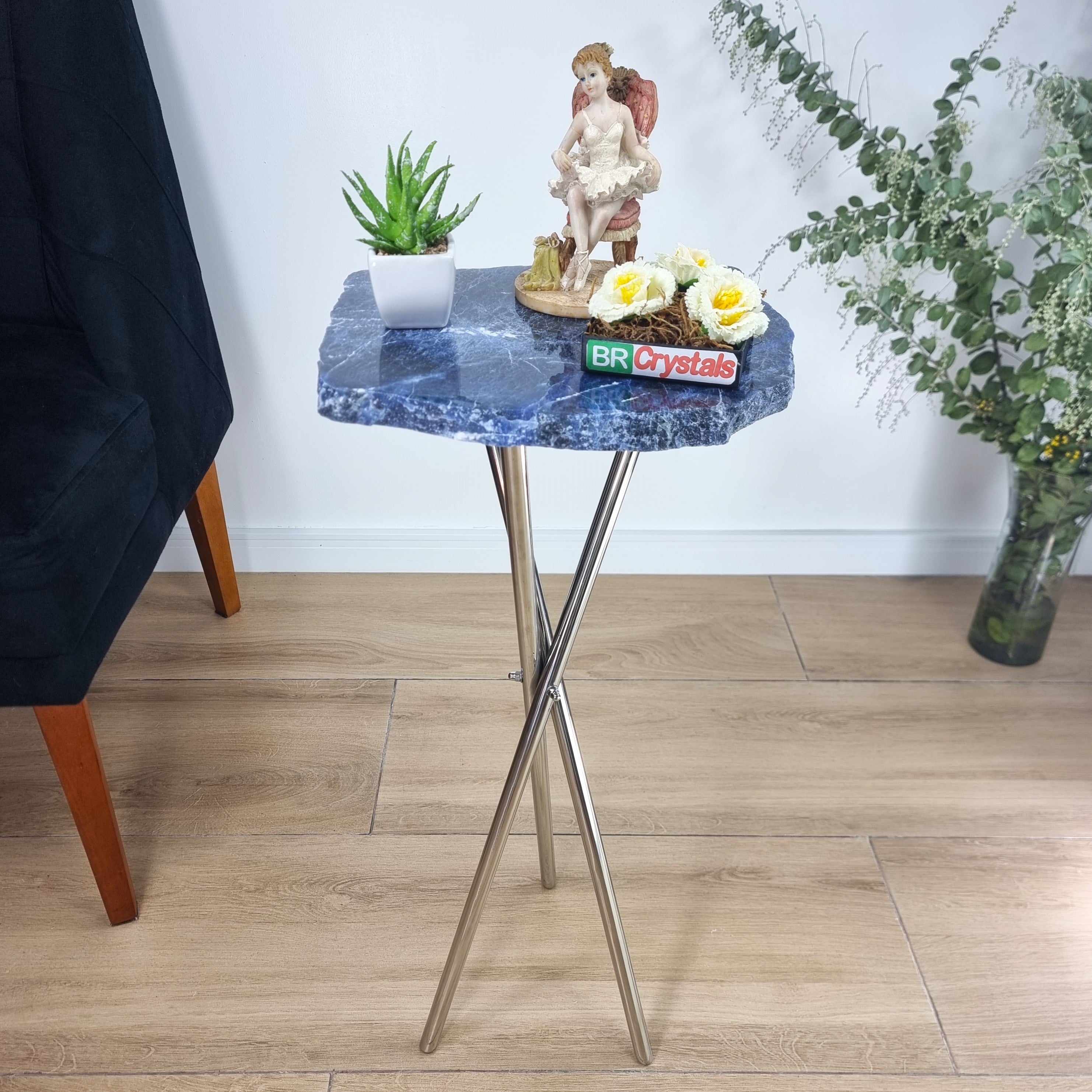 Sodalite Side Table With Silver legs 23 inches high, total weight 8.4 pounds