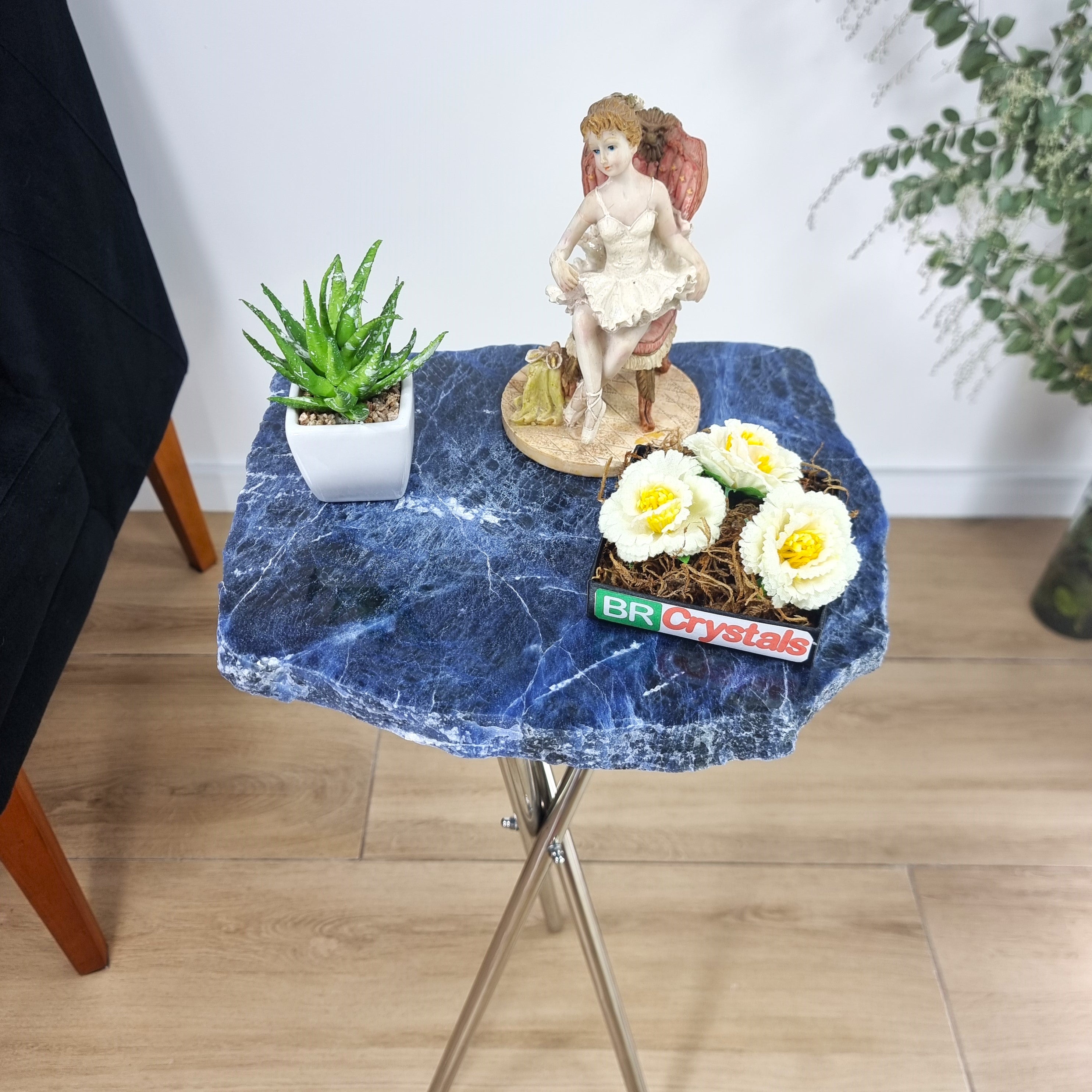 Sodalite Side Table With Silver legs 23 inches high, total weight 8.4 pounds