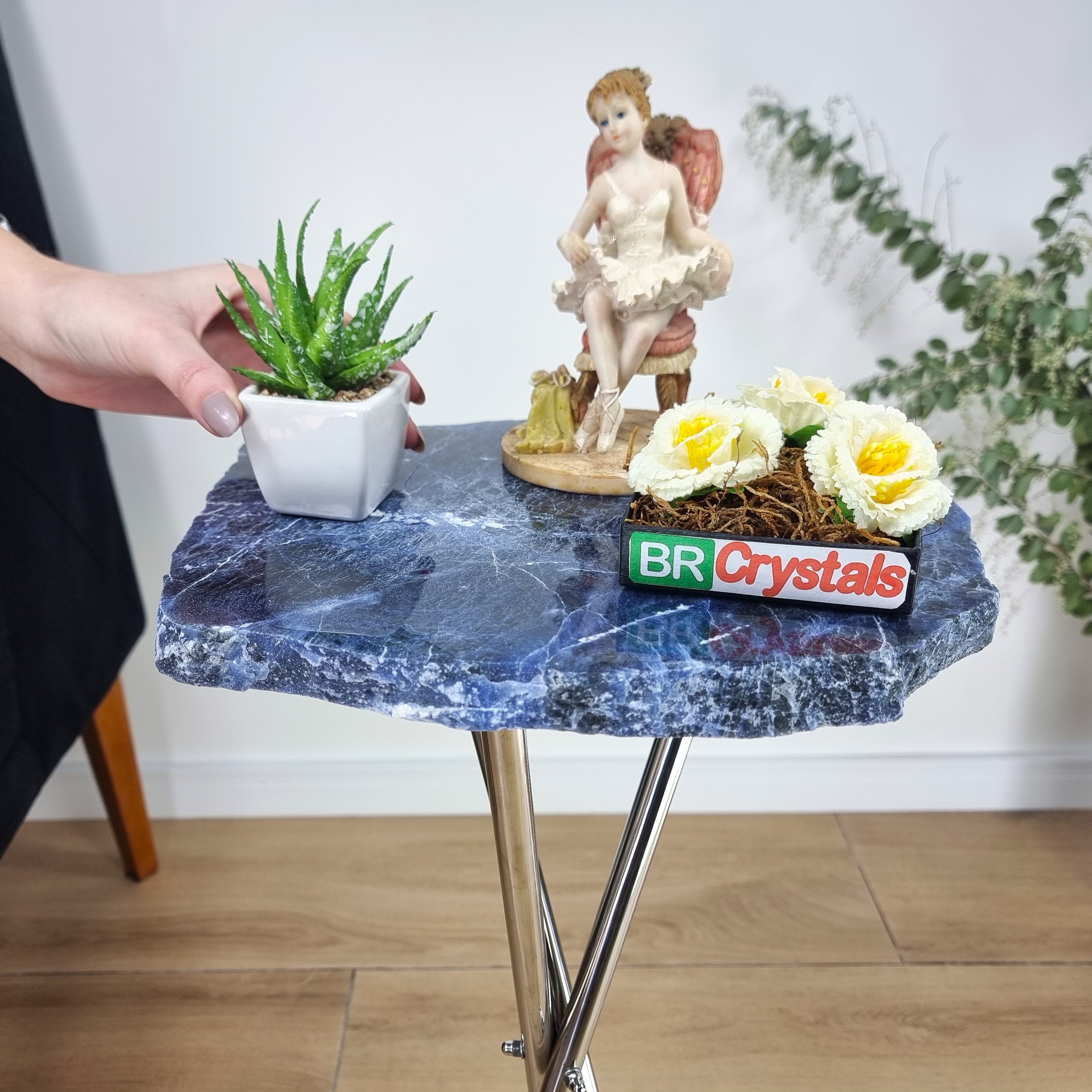 Sodalite Side Table With Silver legs 23 inches high, total weight 8.4 pounds