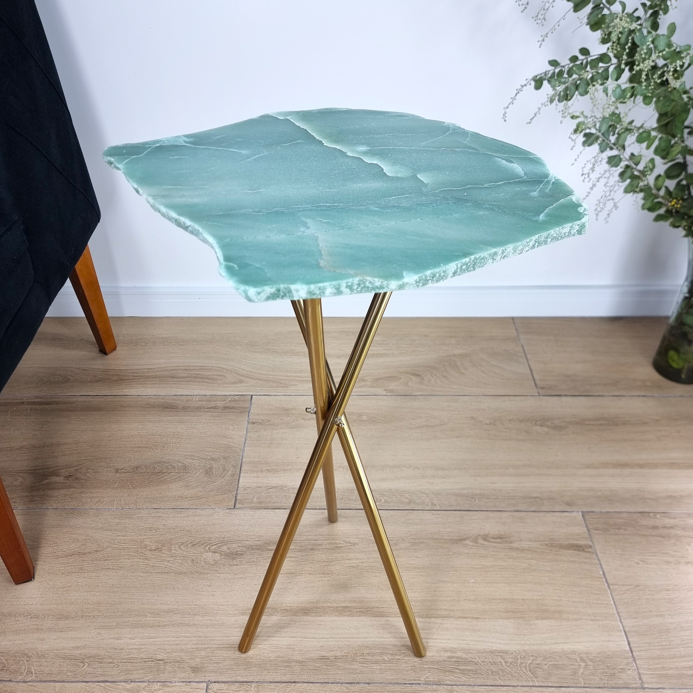 Green Quartz Side Table - Crystal Table with Gold Legs 24 inches high, total weight 12 pounds