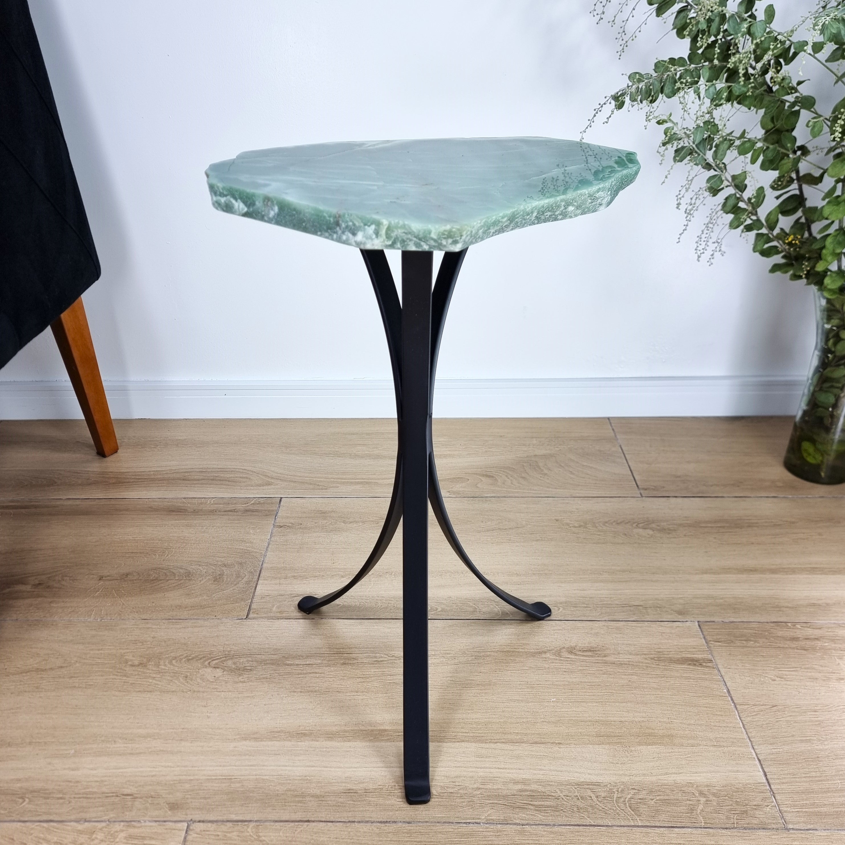 Green Quartz Side Table - Crystal Table with black legs 24 inches high, total weight 12 pounds