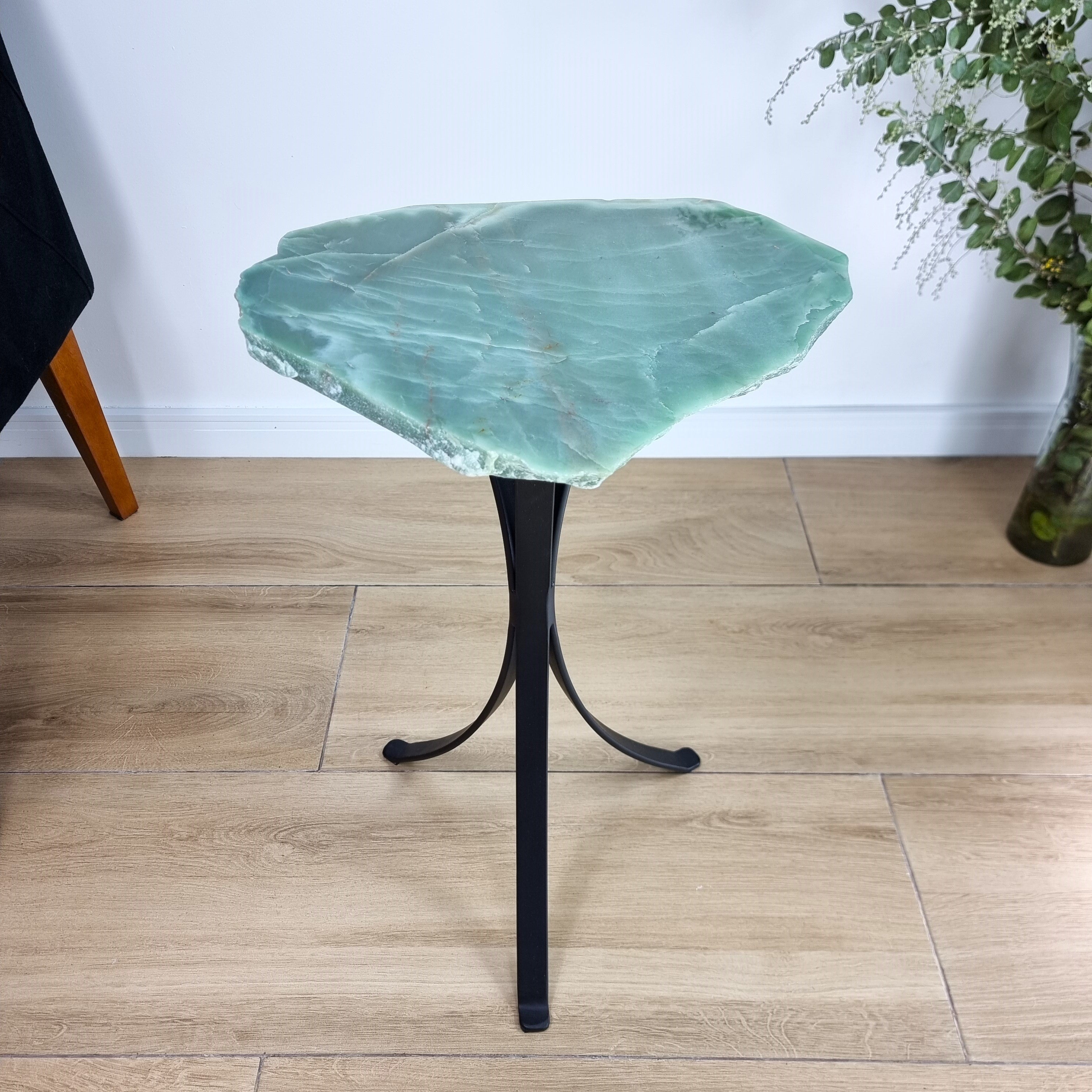 Green Quartz Side Table - Crystal Table with black legs 24 inches high, total weight 12 pounds