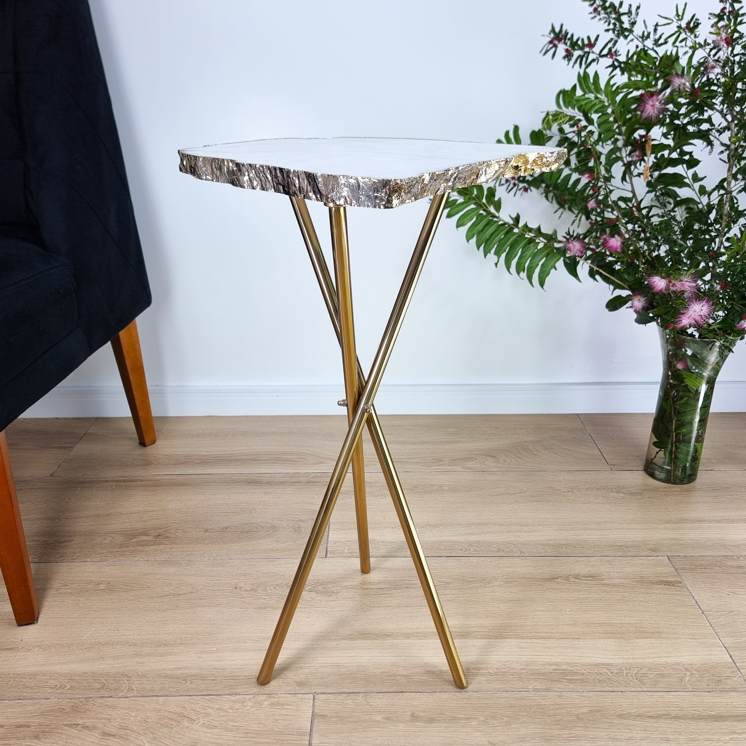 White Quartz Side Table With Golden Bath in Stone 24 inches high, total weight 8.38 pounds