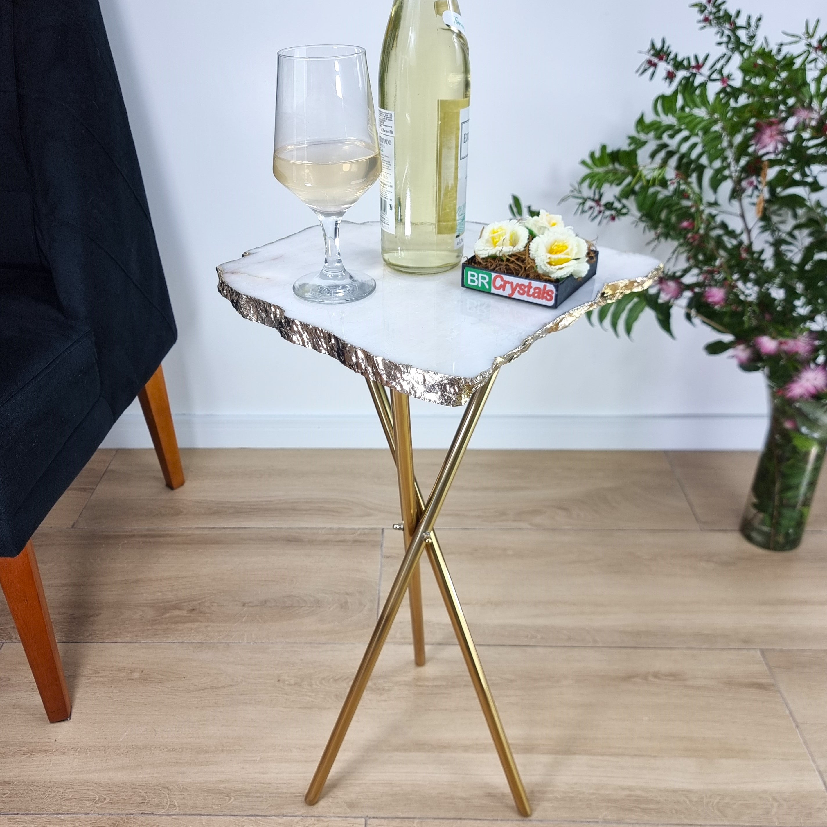 White Quartz Side Table With Golden Bath in Stone 24 inches high, total weight 8.38 pounds