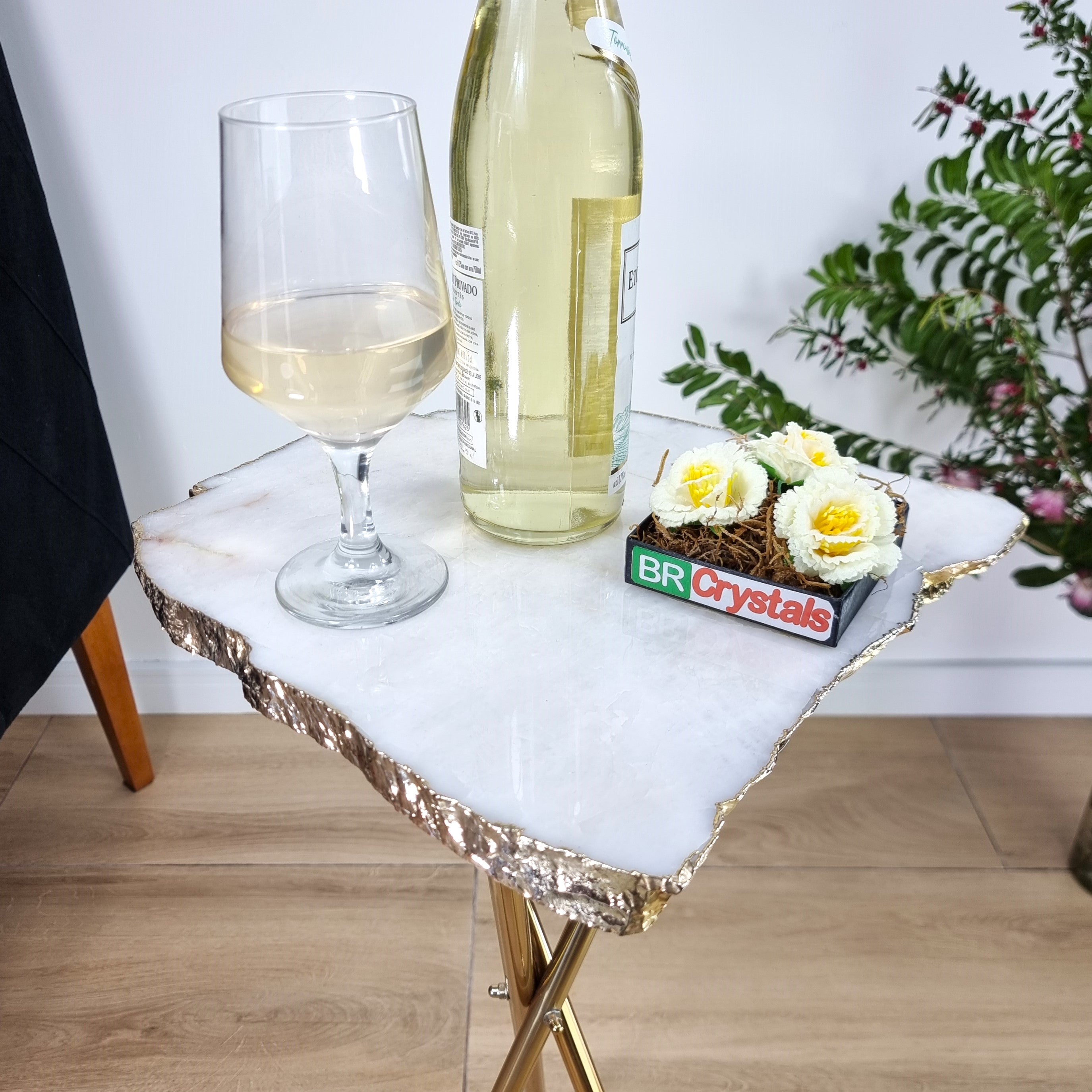 White Quartz Side Table With Golden Bath in Stone 24 inches high, total weight 8.38 pounds