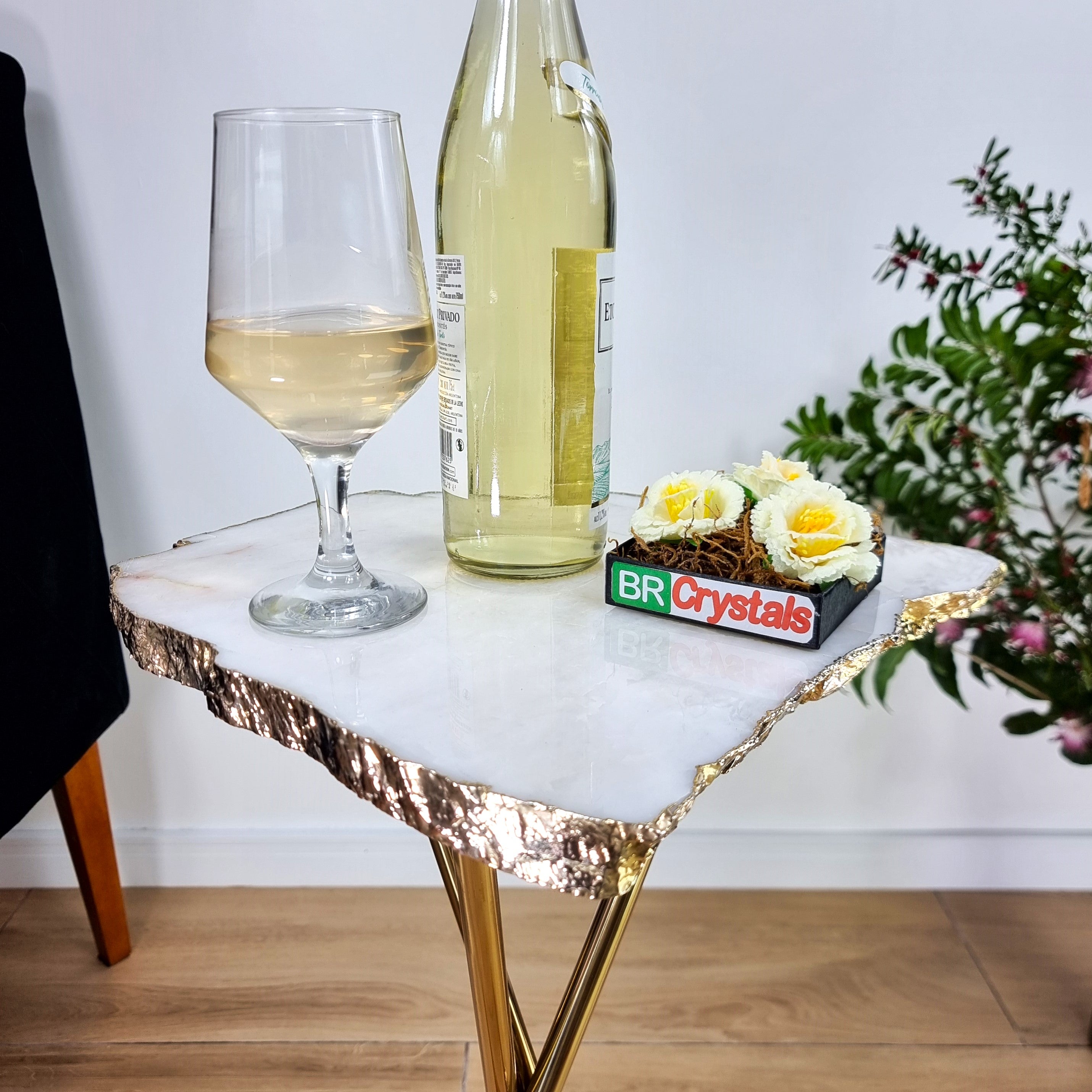 White Quartz Side Table With Golden Bath in Stone 24 inches high, total weight 8.38 pounds