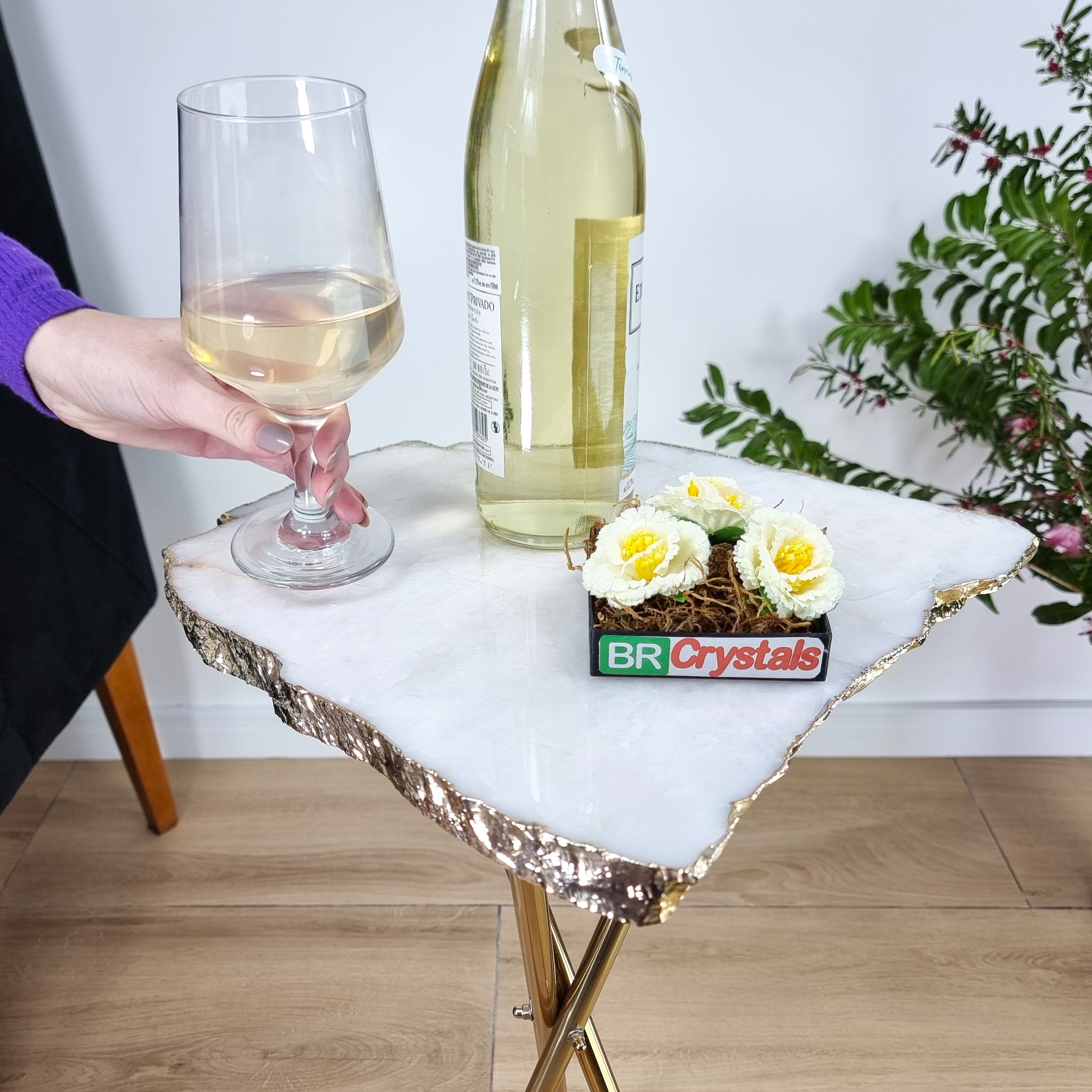 White Quartz Side Table With Golden Bath in Stone 24 inches high, total weight 8.38 pounds