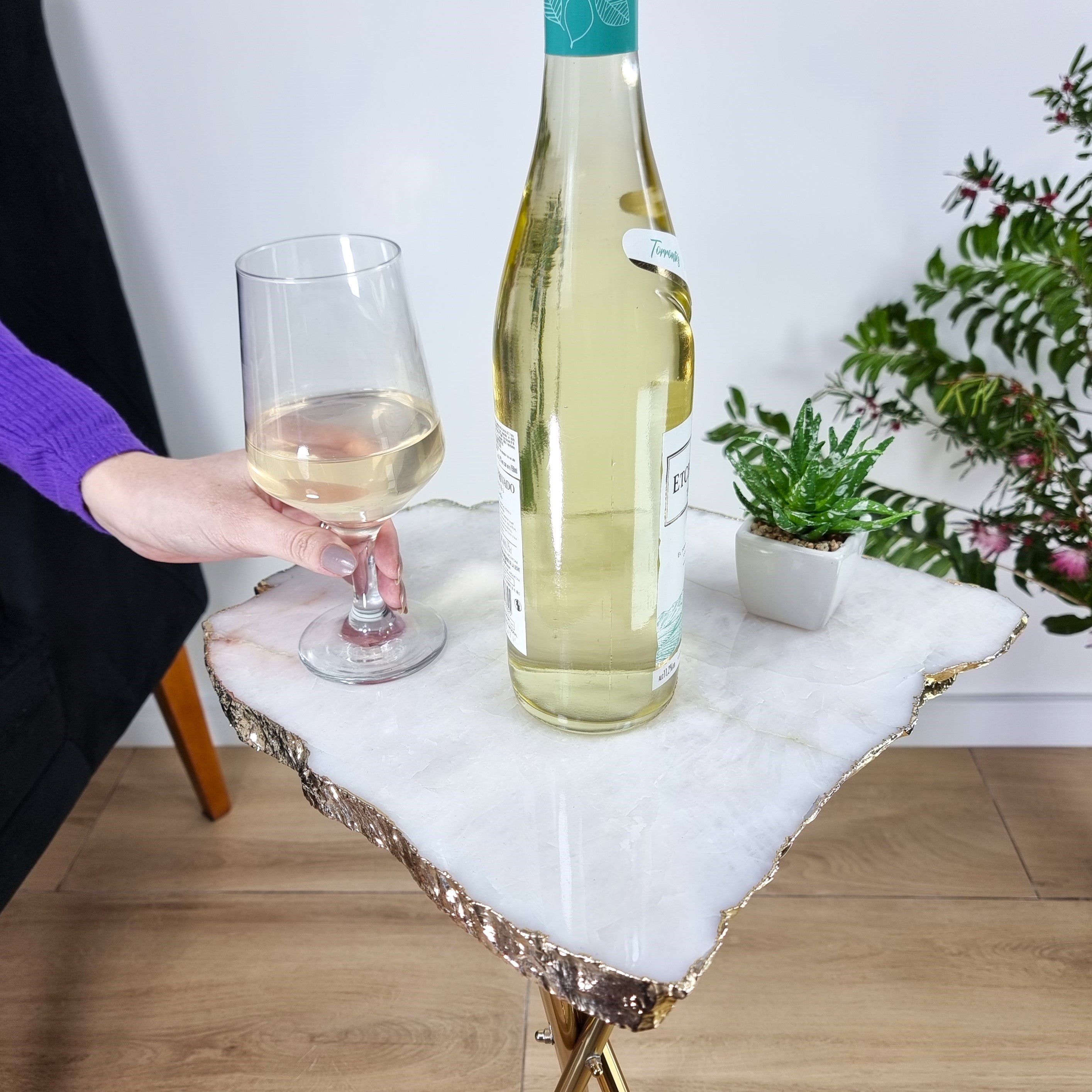 White Quartz Side Table With Golden Bath in Stone 24 inches high, total weight 8.38 pounds