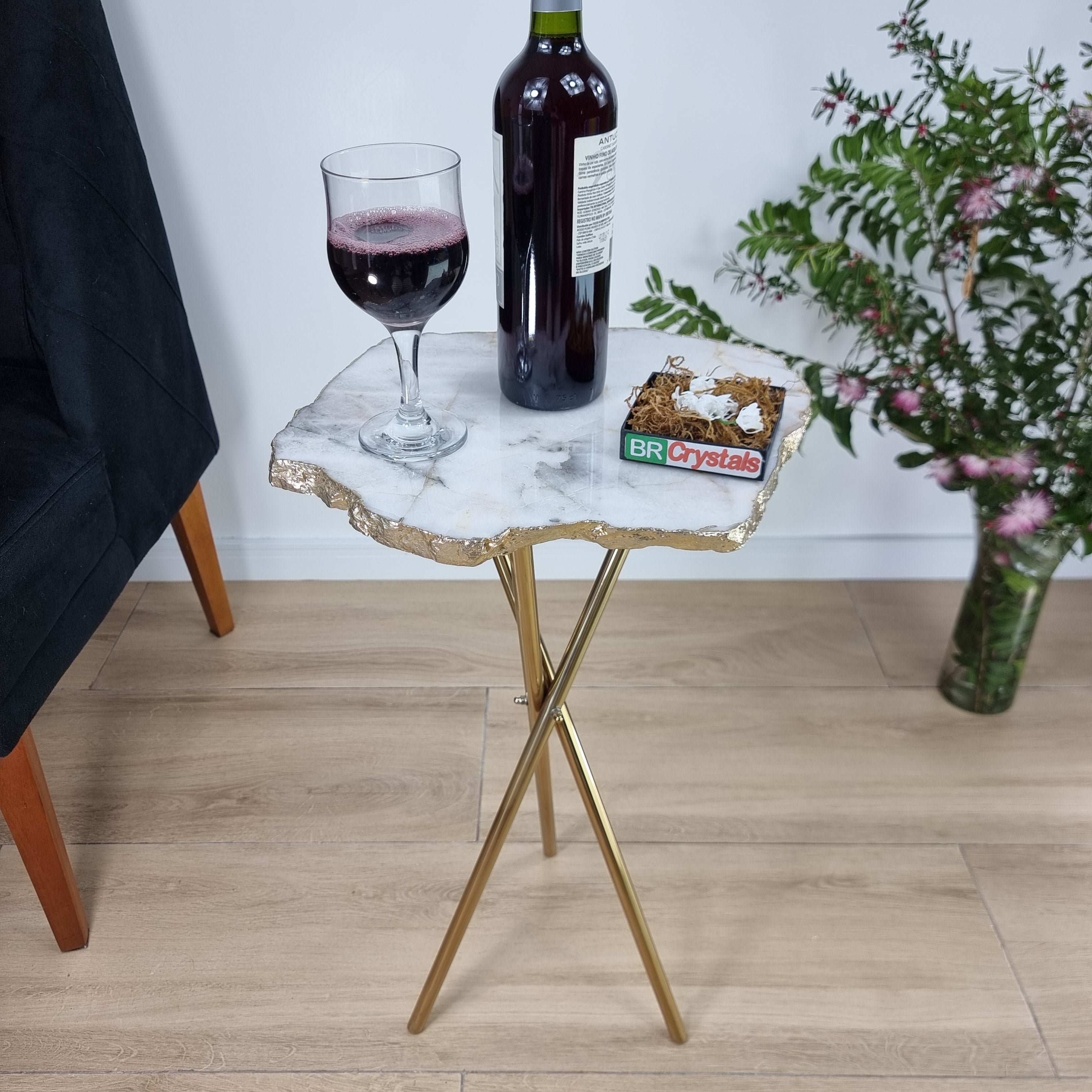 Natural White QUARTZ Side Table | Gold Brass Tripod Base | 60 cm Height - BR Crystals Handmade Piece