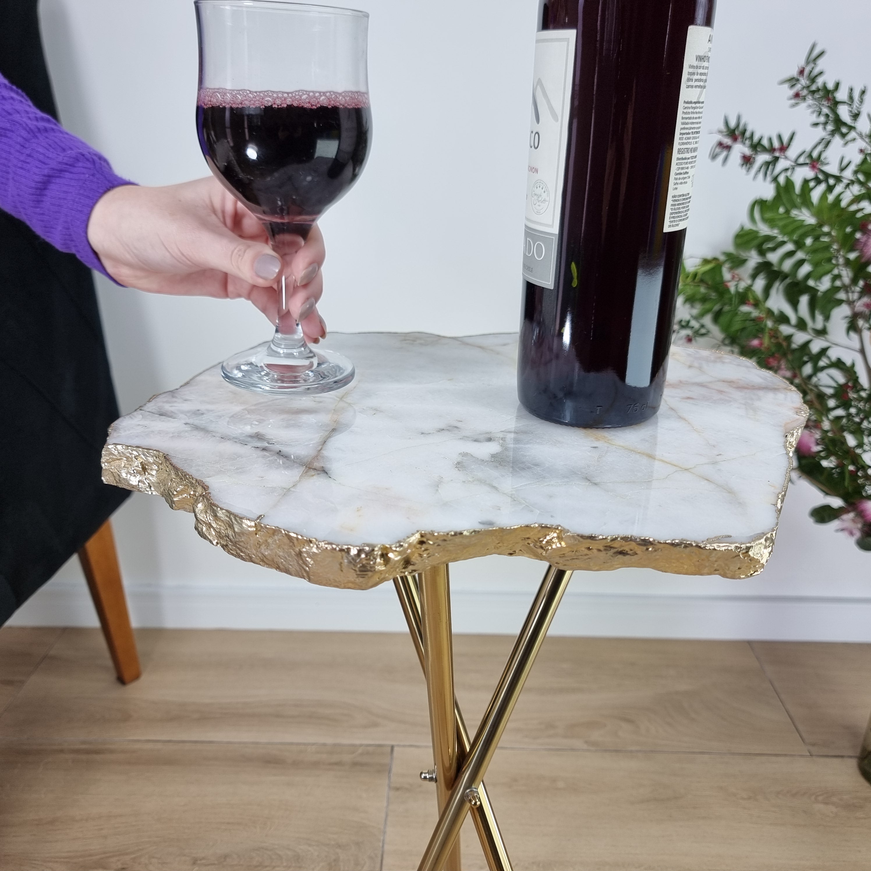 Natural White QUARTZ Side Table | Gold Brass Tripod Base | 60 cm Height - BR Crystals Handmade Piece