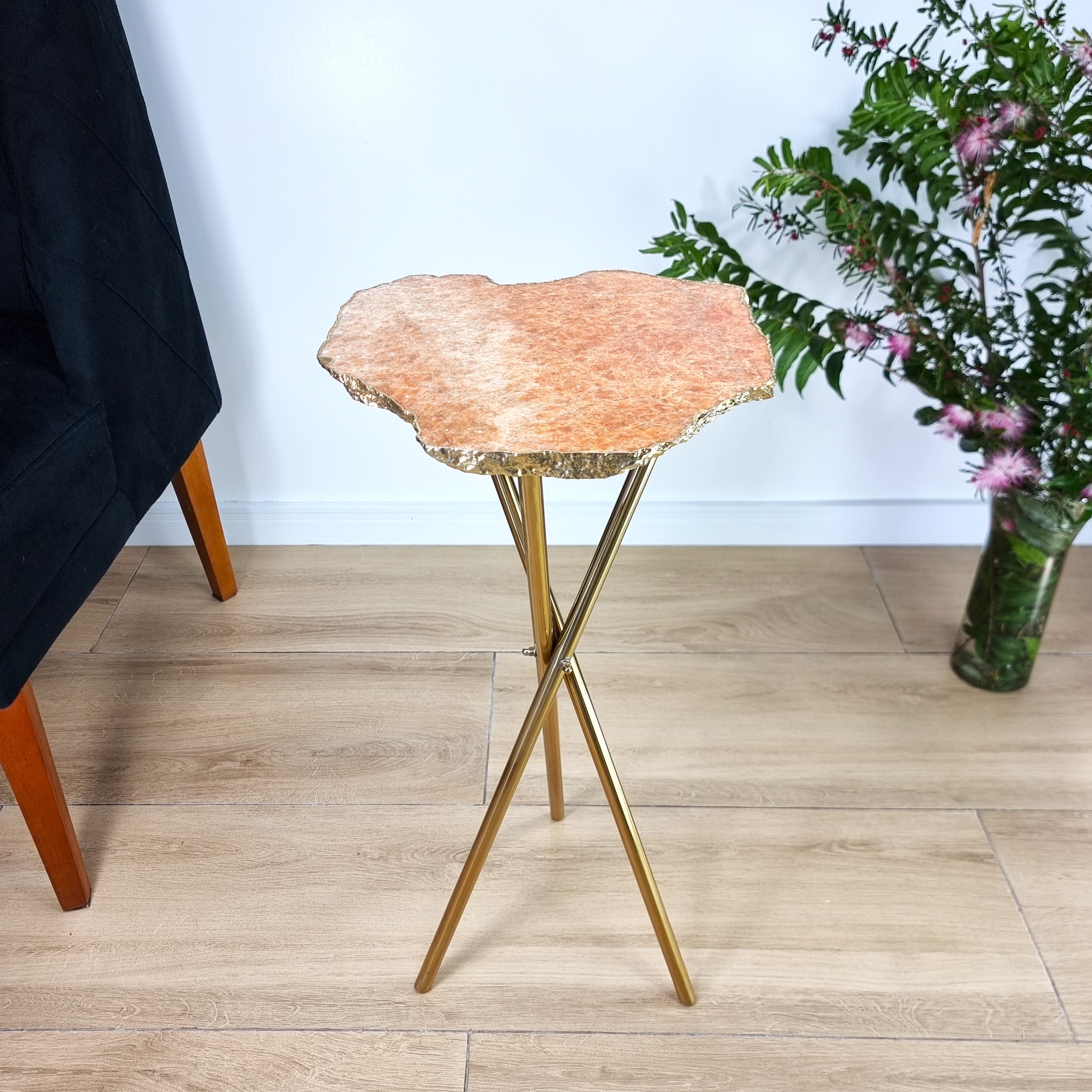 Orange Calcite Side Table With Golden Bath in Stone and Gold legs 23 inches high, total weight 8.8 pounds