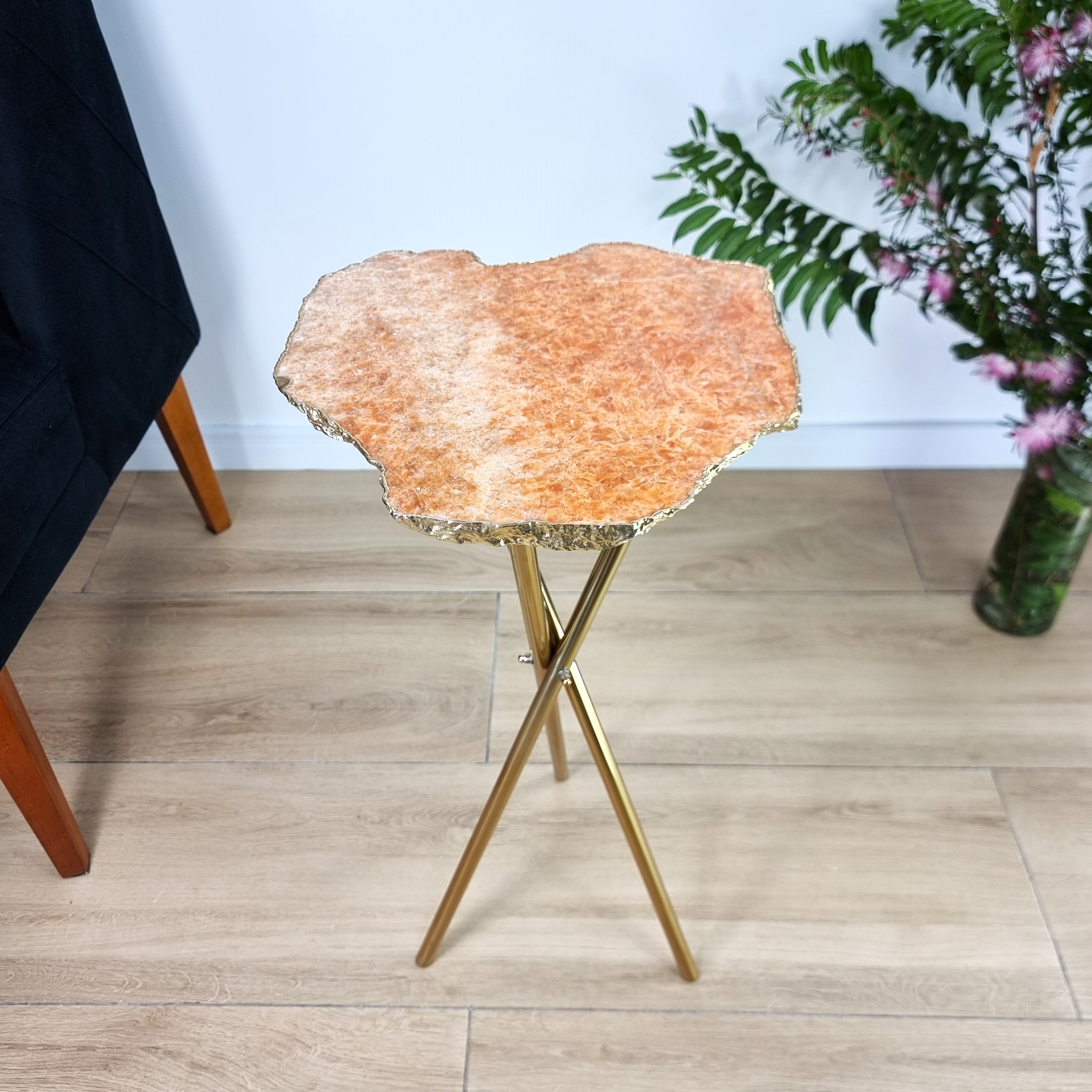 Orange Calcite Side Table With Golden Bath in Stone and Gold legs 23 inches high, total weight 8.8 pounds