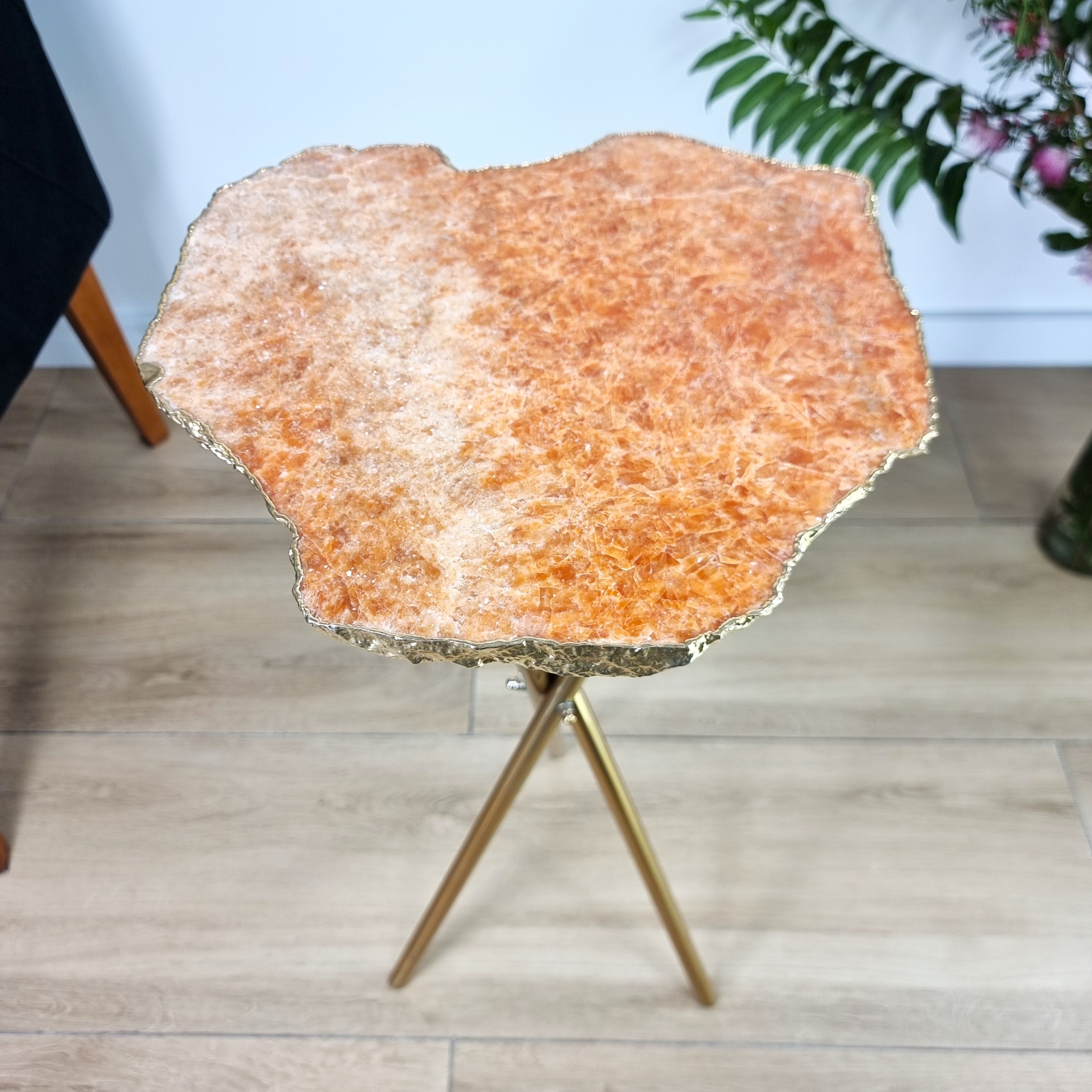 Orange Calcite Side Table With Golden Bath in Stone and Gold legs 23 inches high, total weight 8.8 pounds