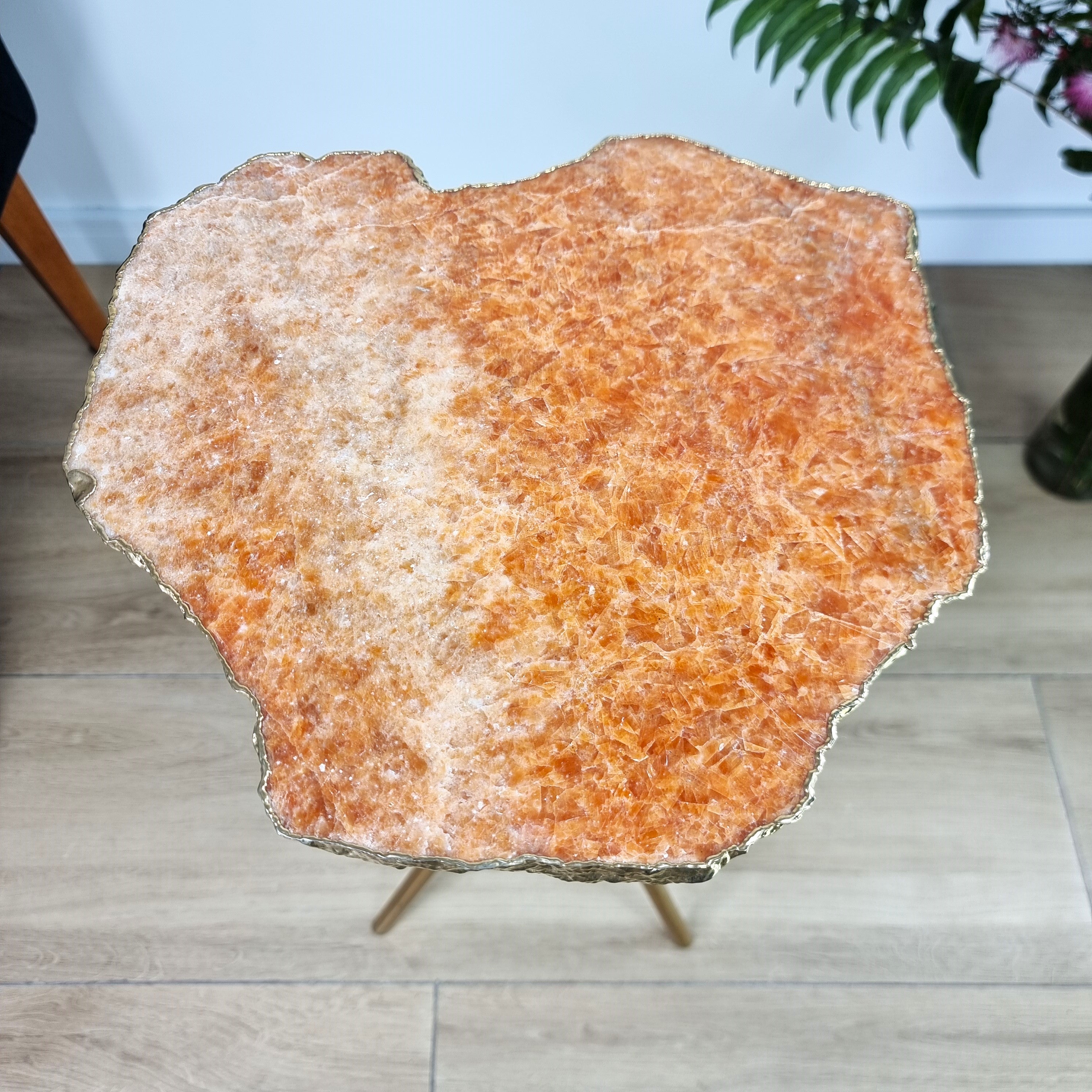 Orange Calcite Side Table With Golden Bath in Stone and Gold legs 23 inches high, total weight 8.8 pounds
