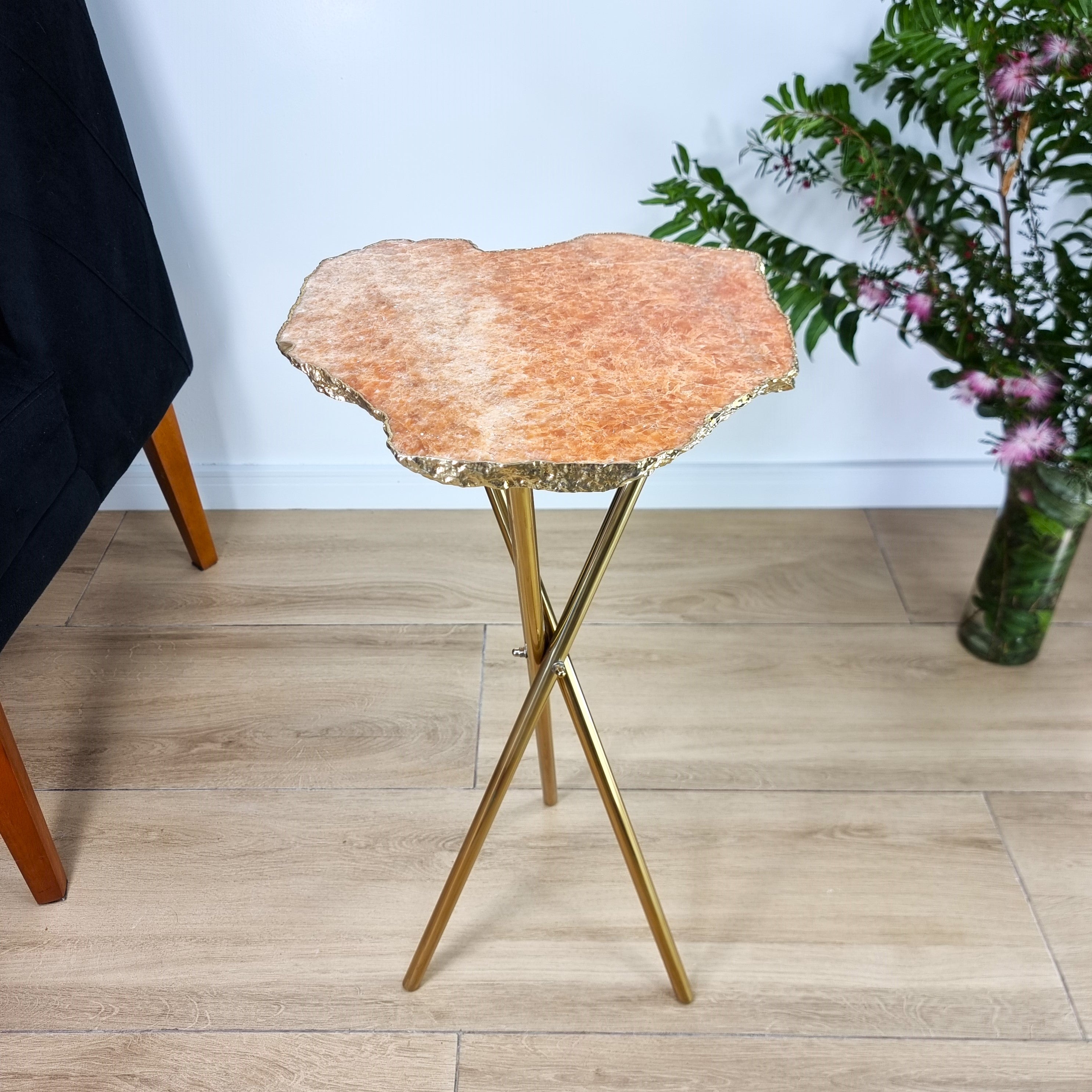 Orange Calcite Side Table With Golden Bath in Stone and Gold legs 23 inches high, total weight 8.8 pounds