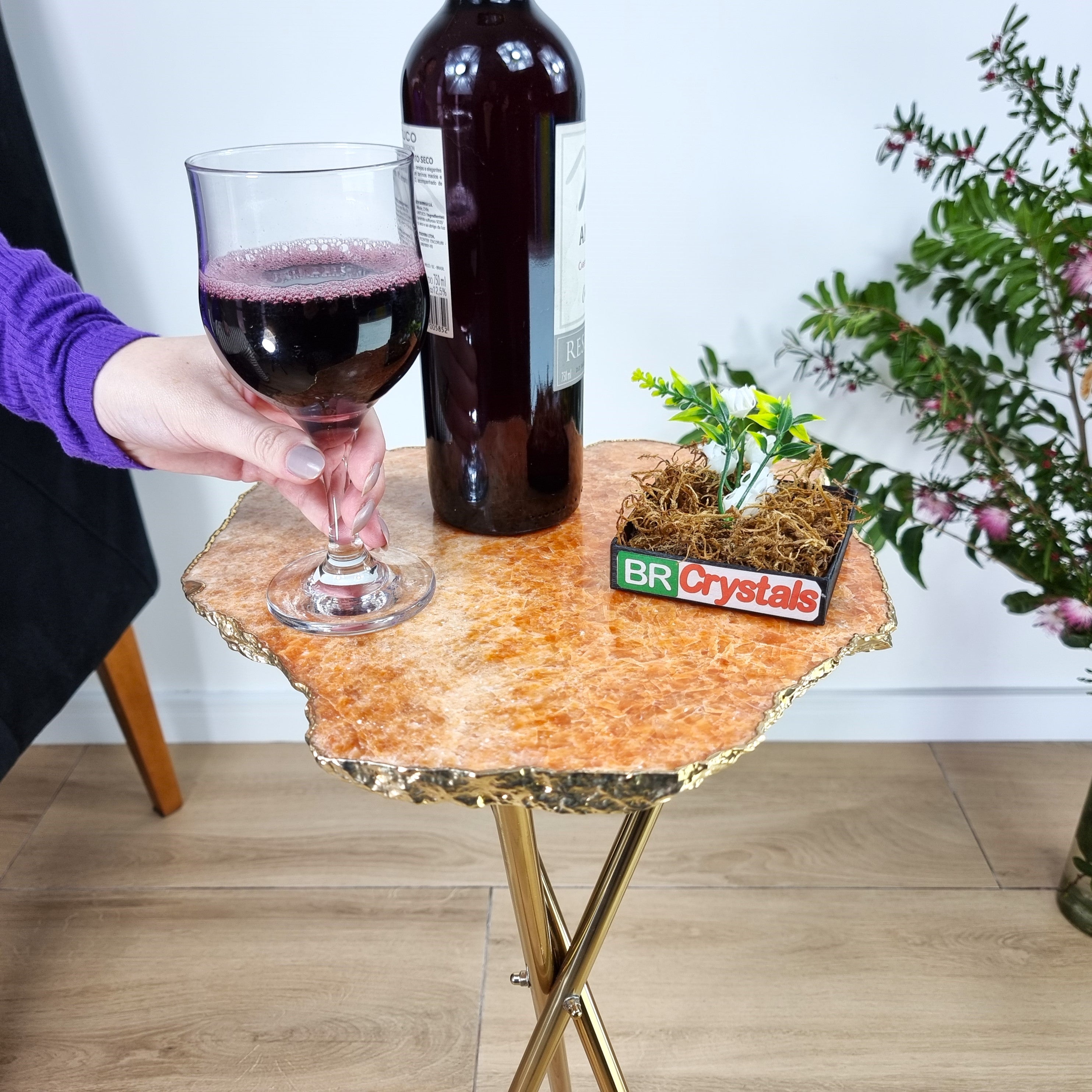 Orange Calcite Side Table With Golden Bath in Stone and Gold legs 23 inches high, total weight 8.8 pounds