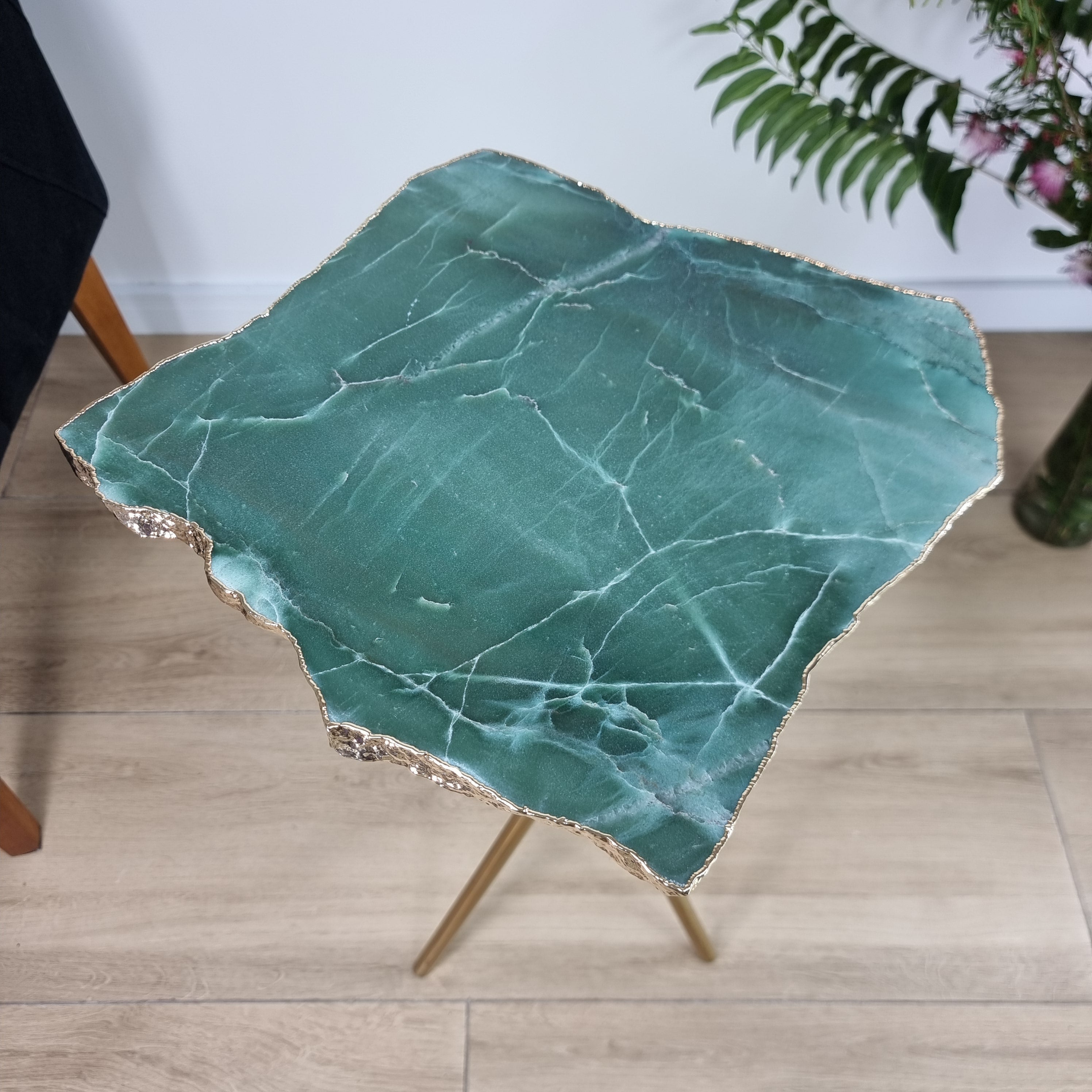 Green Quartz Side Table With Golden Bath in Stone 24 inches high, total weight 12 pounds