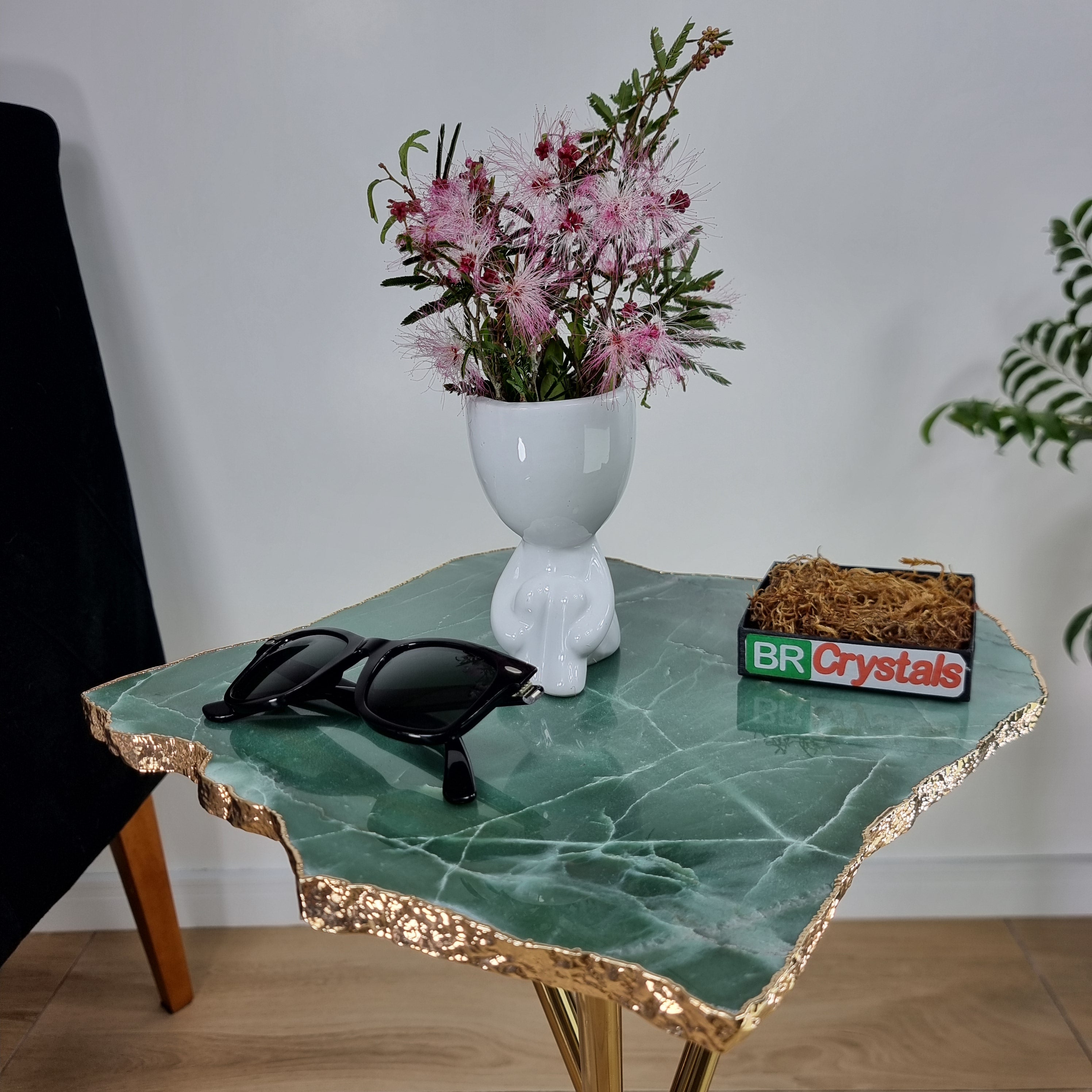 Green Quartz Side Table With Golden Bath in Stone 24 inches high, total weight 12 pounds