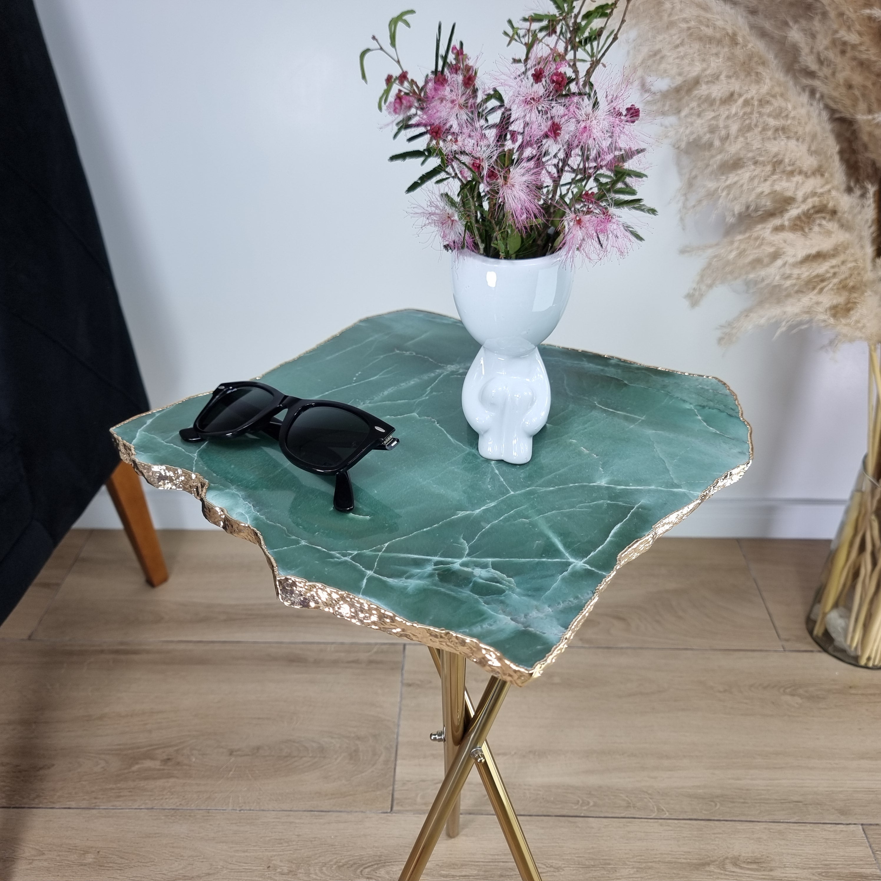 Green Quartz Side Table With Golden Bath in Stone 24 inches high, total weight 12 pounds